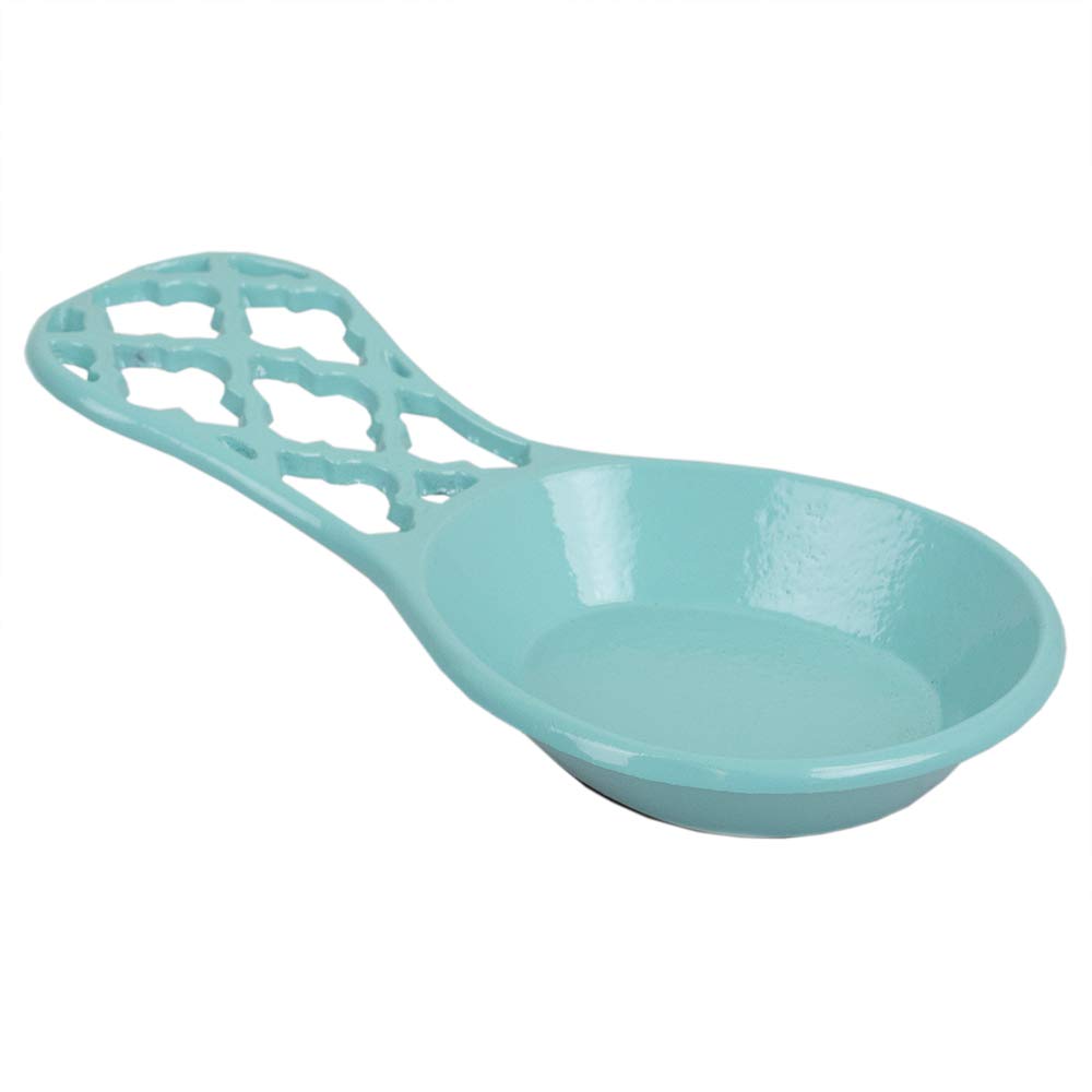 Home Basics Lattice Collection Cast Iron Spoon Rest - Turquoise - Heat Resistant Kitchen Utensil Holder for Cooking, Serving & Dining Decor