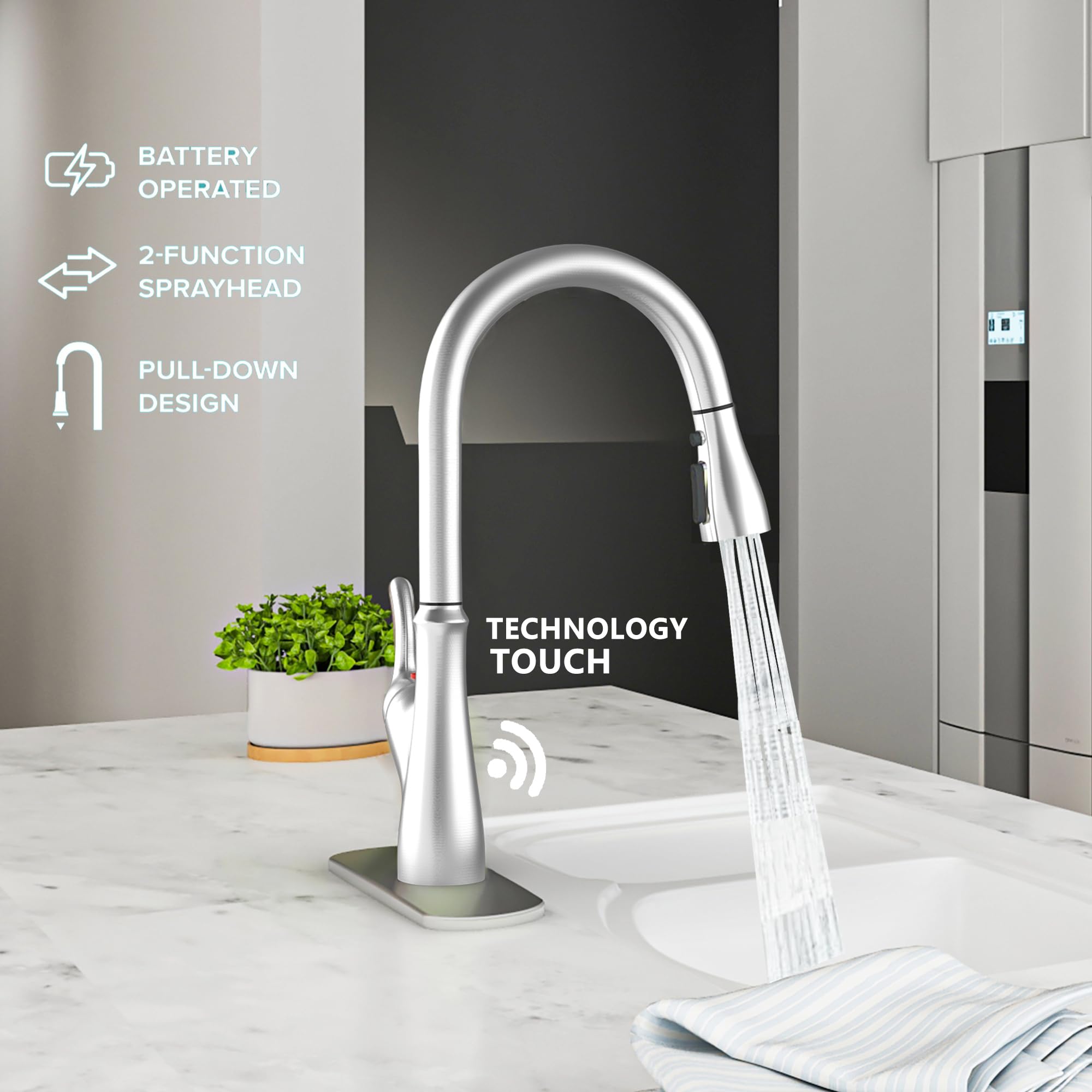 Smart Touchless Kitchen Faucet with Pull Down Sprayer - Brushed Nickel Finish, Touch On Activated Sensor for Modern Farmhouse, RV & Home Sinks (Perfect for Busy Cooks & Pet Washing)