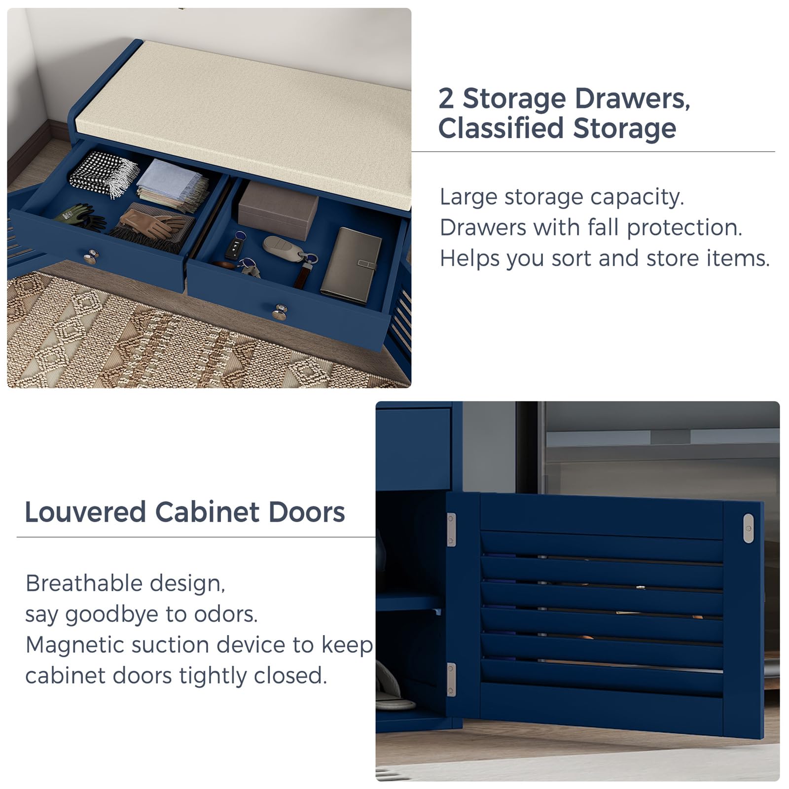 Multi-Functional Shoe Storage Bench with 2 Drawers & 2 Doors - Entryway Organizer with Cushioned Seat, Adjustable Shelves - Shoe Cabinet for Hallway, Living Room, Bedroom & Mudroom (Blue) - Perfect for Small Space Organization & Entryway Decor