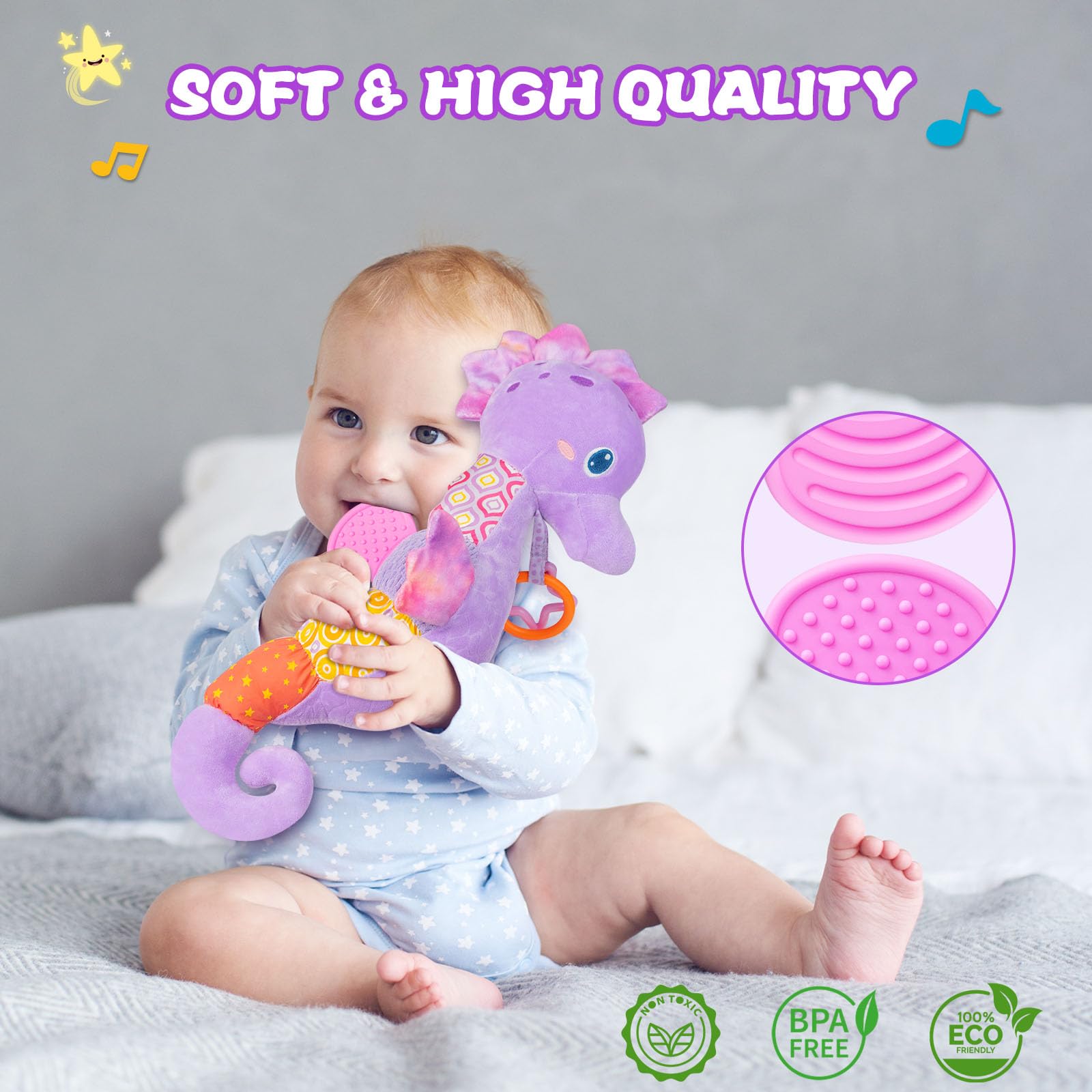 Fuzqq Musical Stuffed Animal Toy for Babies 0-12 Months - Soft, Crinkle & Rattle for Sensory Play
