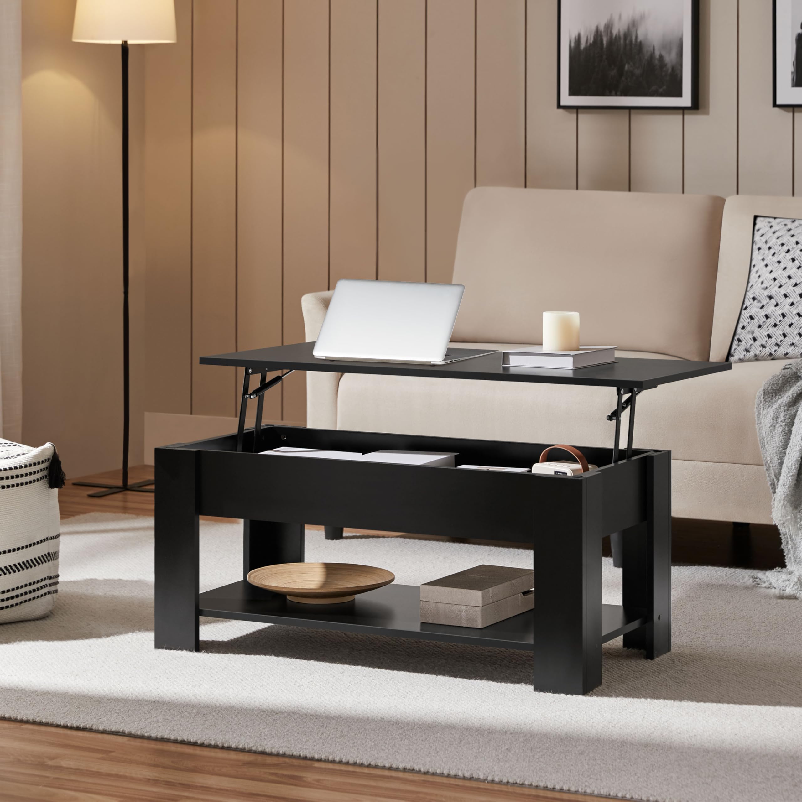 Yaheetech 3-Piece Modern Lift Top Coffee Table Set with Hidden Compartment & Open Shelf - Black Accent Furniture for Living Room, Home & Office - Perfect for Small Spaces, TV Rooms & Apartment Decor