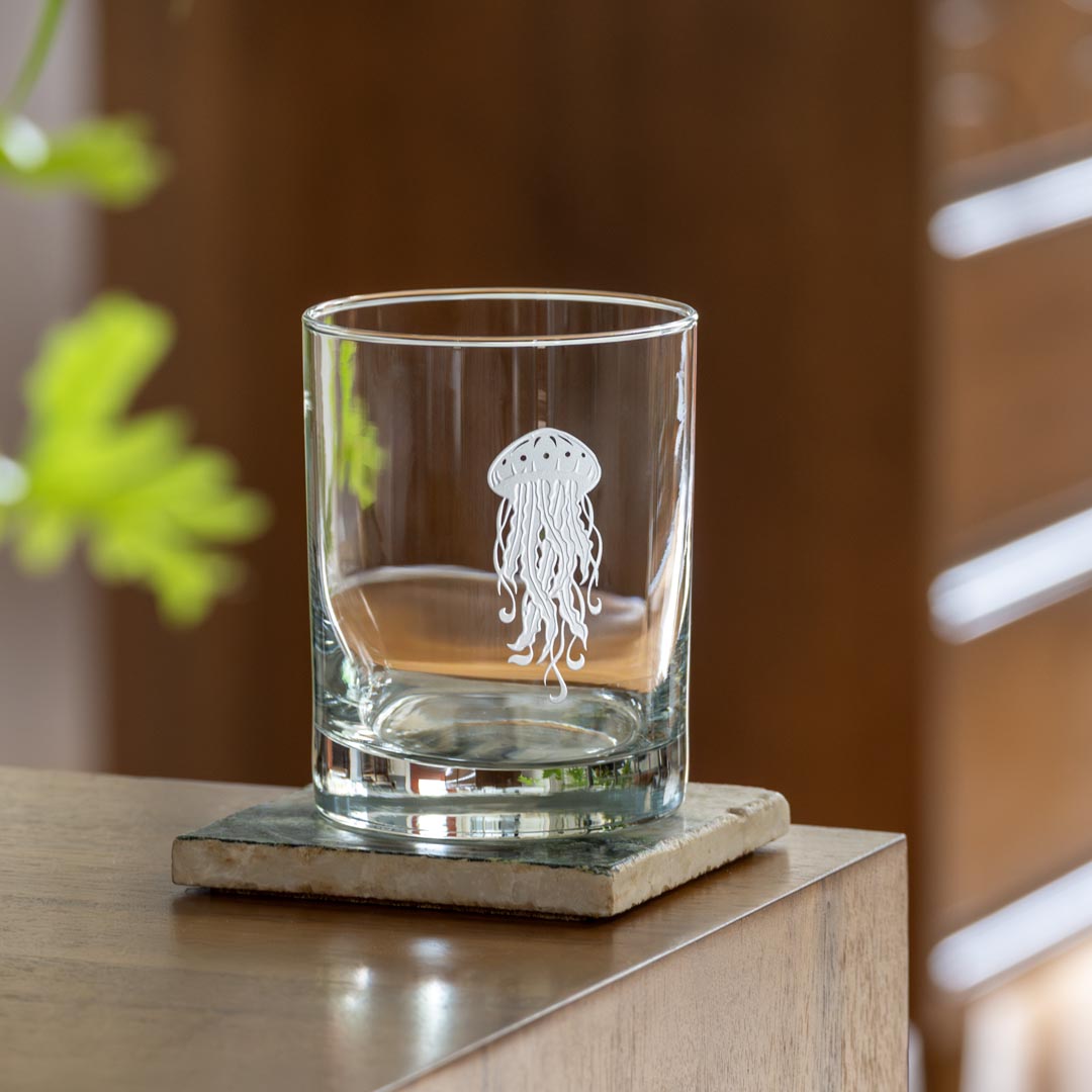 Premium 13oz Double Old Fashioned Whiskey Glasses Set of 4 - Thick Base Crystal Clear Jellyfish Design - Perfect for Bourbon, Scotch, Cocktails & Home Bar Entertaining
