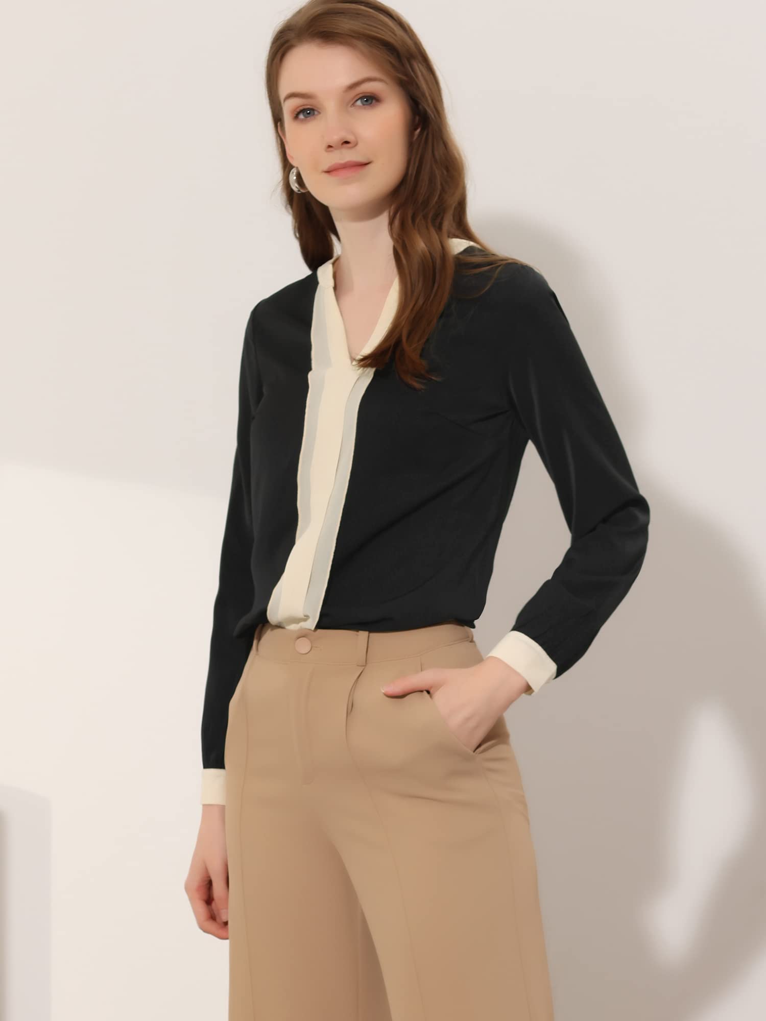 Allegra K Women's Split Neck Pleated Front Blouse - Contrast Color Office Work Tops for Business Casual & Professional Wear
