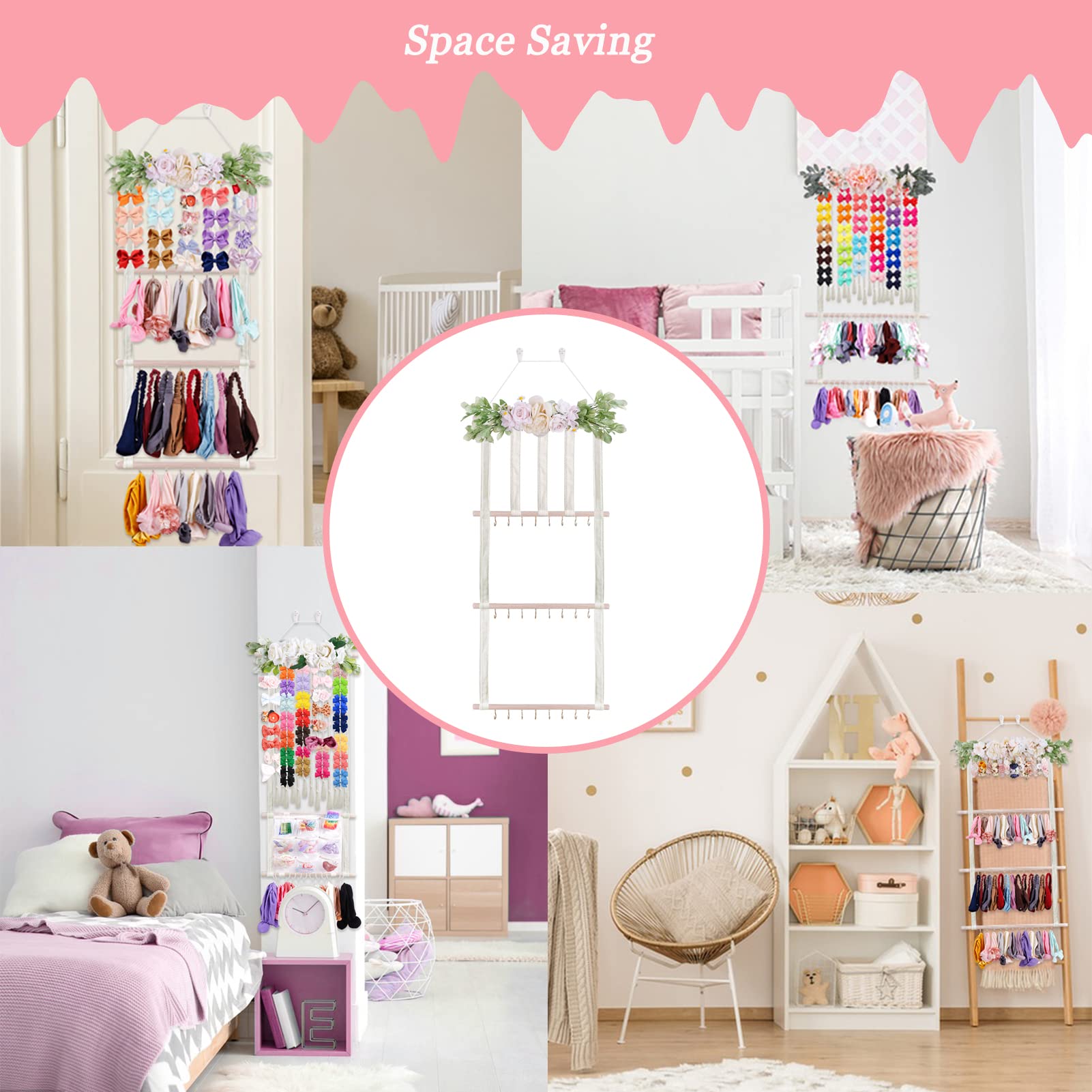 Flower Hair Bow Holder for Girls - Baby Headbands Organizer & Hair Accessories Storage - Wall Mounted Nursery Decor for Toddler Rooms (Perfect for Bedroom, Closet & Birthday Gift)
