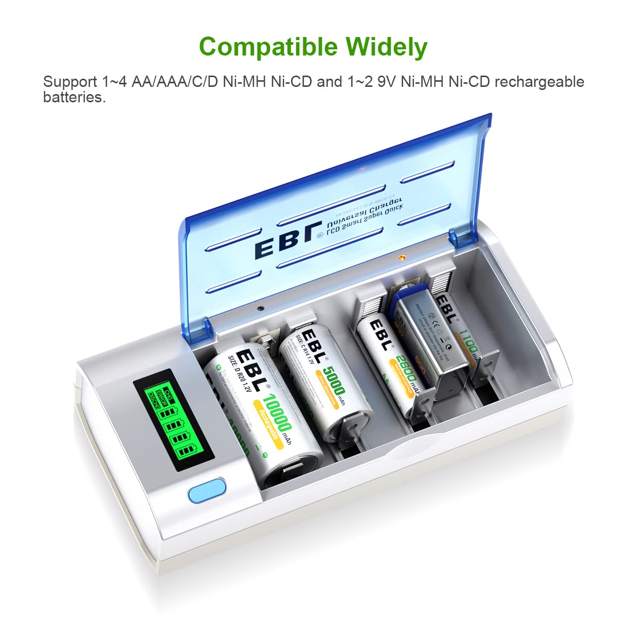 EBL Smart Battery Charger for C, D, AA, AAA, 9V Ni-MH Ni-CD Rechargeable Batteries - LCD Display with Discharge Function | Universal Charging Station for Home, Office & Travel Use