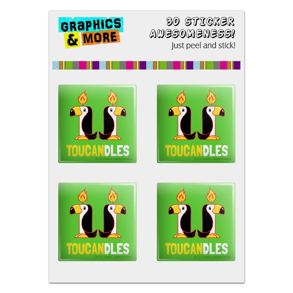 Funny Toucan Two Candles Resin Stickers Set of 4 - Humorous Computer Case Modding Badges for PC, Laptop & DIY Projects | Perfect for Gamers, Tech Enthusiasts & Office Decor