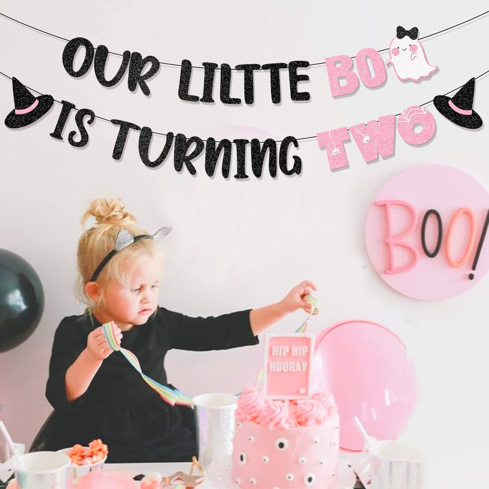 Pink 'Our Little Boo is Turning Two' Halloween Birthday Banner - Cute 2nd Birthday Party Decorations for Girls | Perfect for Halloween Themed Birthday Parties, Baby Showers & Nursery Decor