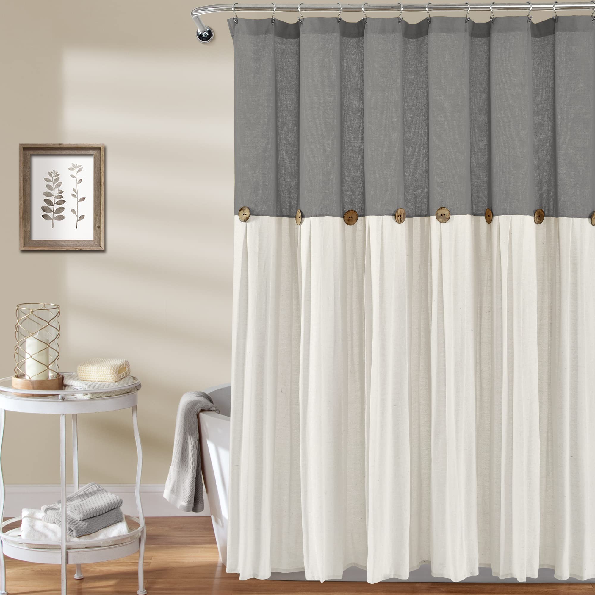 Rustic Linen Shower Curtain with Coconut Buttons - Dark Gray & White Farmhouse Bath Decor for Modern Bathrooms