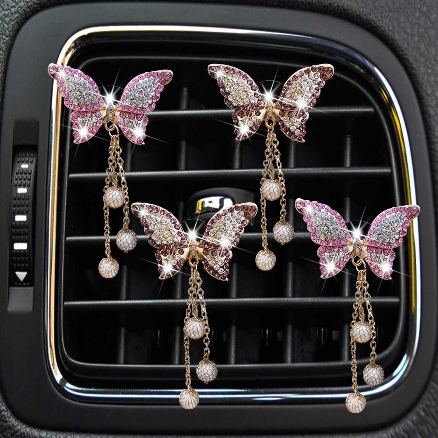 4 Pcs Bling Butterfly Car Aromatherapy Air Vent Clips - Diamond Pearl Pendant Butterfly Car Air Fresheners | Cute Car Decor Accessories for Women | Perfect for Car Interior Decoration & Gift Giving