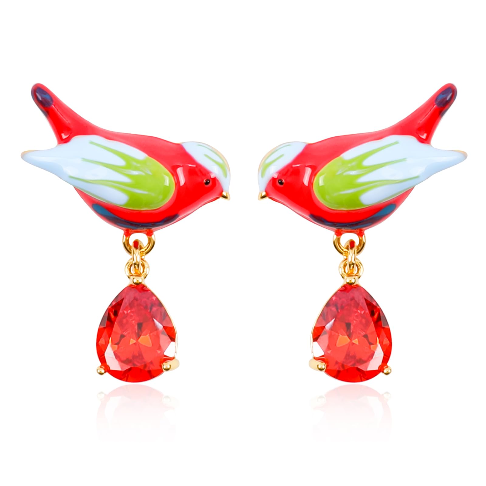 Stylish Red Plated Bird Dangle Earrings for Women - Tiny Enameled Birdie Animal Jewelry with Diamond Accents | Perfect Gift for Her, Birthday, Anniversary & Everyday Wear