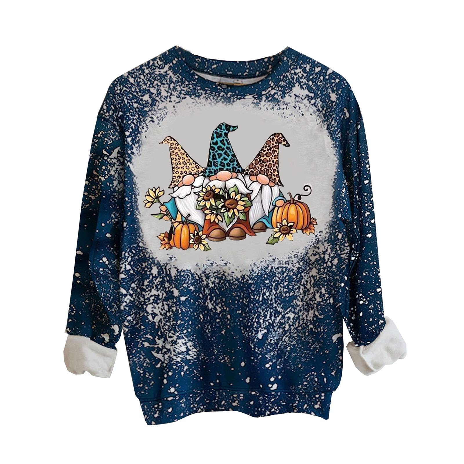 Women's Tie Dye Halloween Long Sleeve Crewneck Sweatshirt - Kawaii Gnome Pumpkin Graphic T-Shirt for Fall Fashion | Cozy Autumn Outfit & Halloween Costume Idea