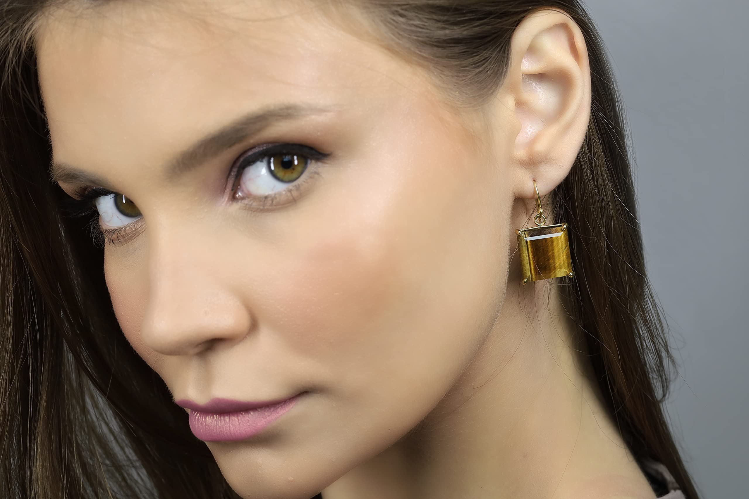 Luxury Tiger Eye Square Statement Earrings for Women - Large Gold Dangle Earrings with Genuine Gemstone - Elegant & Chic Jewelry for Parties, Weddings & Evening Events