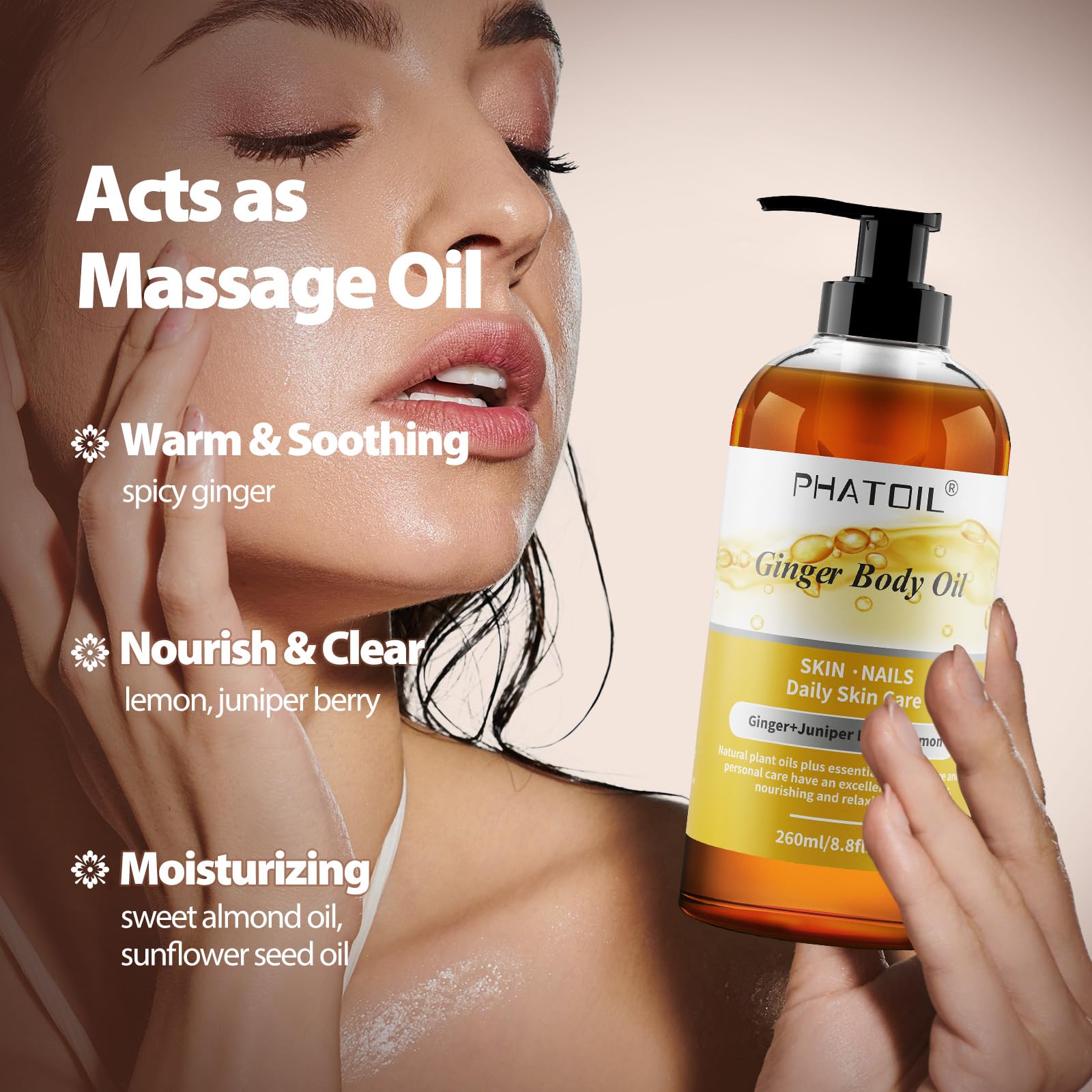 Premium Sandalwood & Ginger Body Oil 260ml - Large Bottle for Deep Skin Moisturizing & Hydration | Perfect for Massage, Aromatherapy & Daily Skincare Routine
