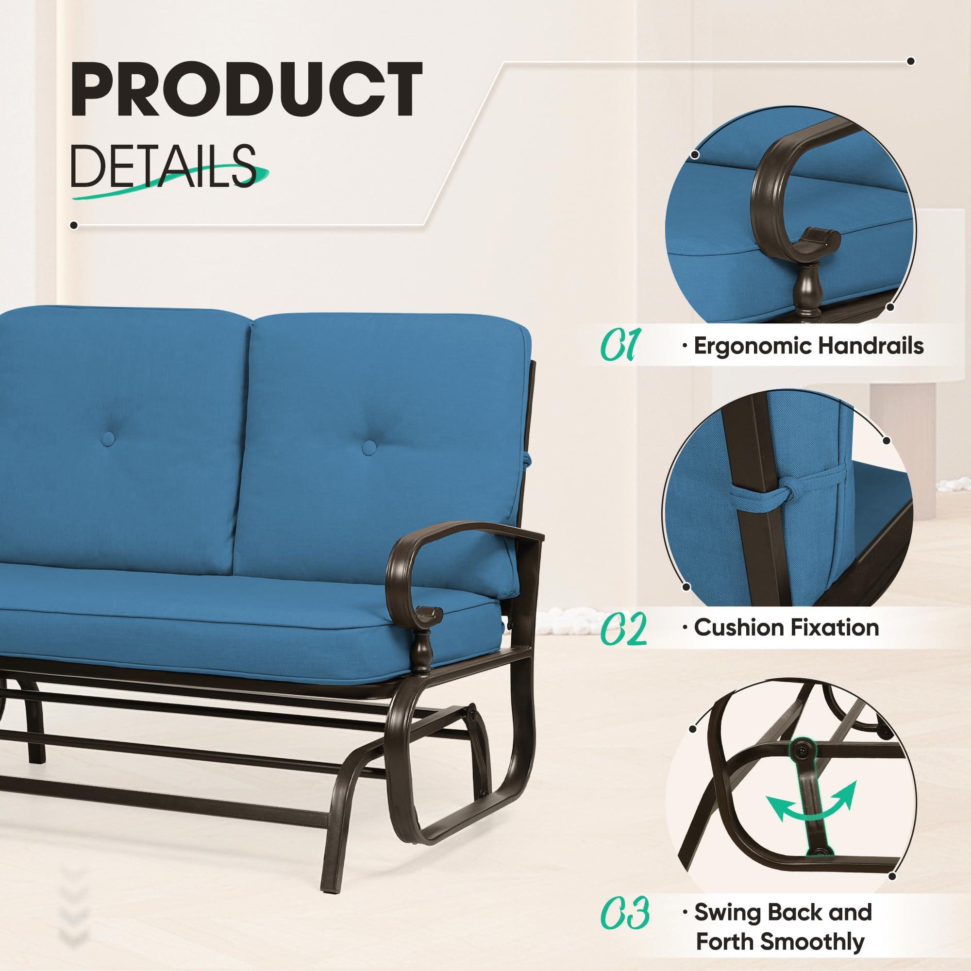 Incbruce Outdoor Patio Conversation Set - 4-Piece Metal Furniture with Glider, Bistro Table & 2 Spring Lounge Chairs (Peacock Blue, Wrought Iron) - Perfect for Garden, Backyard, and Poolside Relaxation