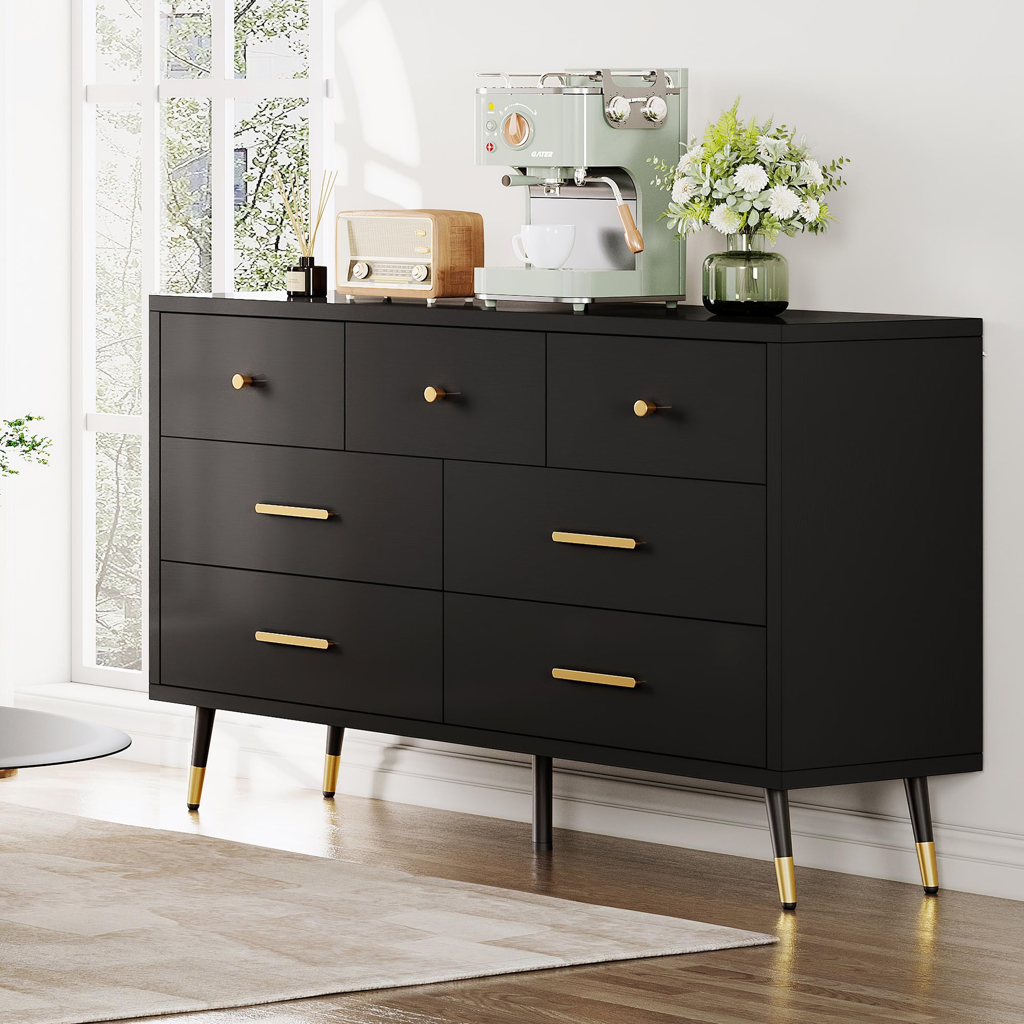 Modern Black 7-Drawer Dresser with Metal Handles - 47