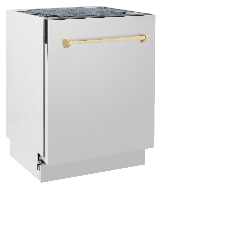 ZLINE Autograph Edition 24 Inch Stainless Steel Dishwasher with Polished Gold Handle - 3rd Rack, Top Control, Tall Tub Design, Ultra Quiet 51dBa (DWVZ 304 24 G) - Perfect for Modern Kitchens and Open-Concept Homes