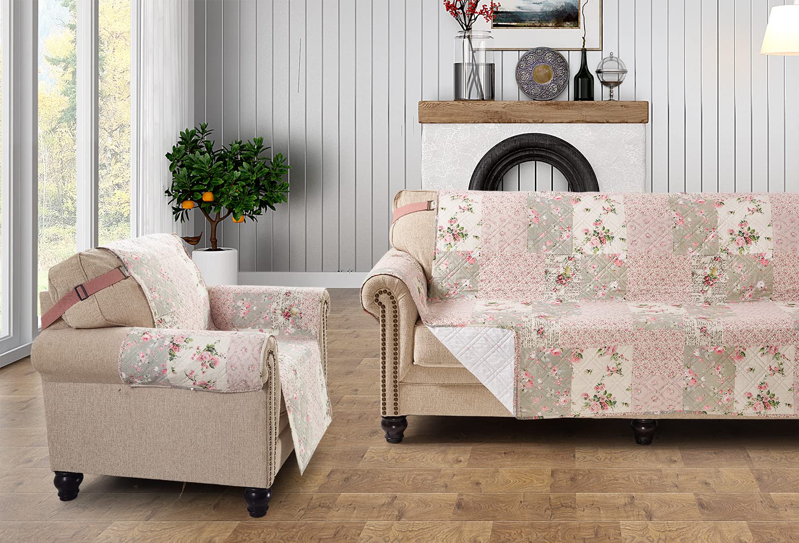 Traditional Rose and Sage Patchwork Couch Cover - Quilted Loveseat Slipcover 54