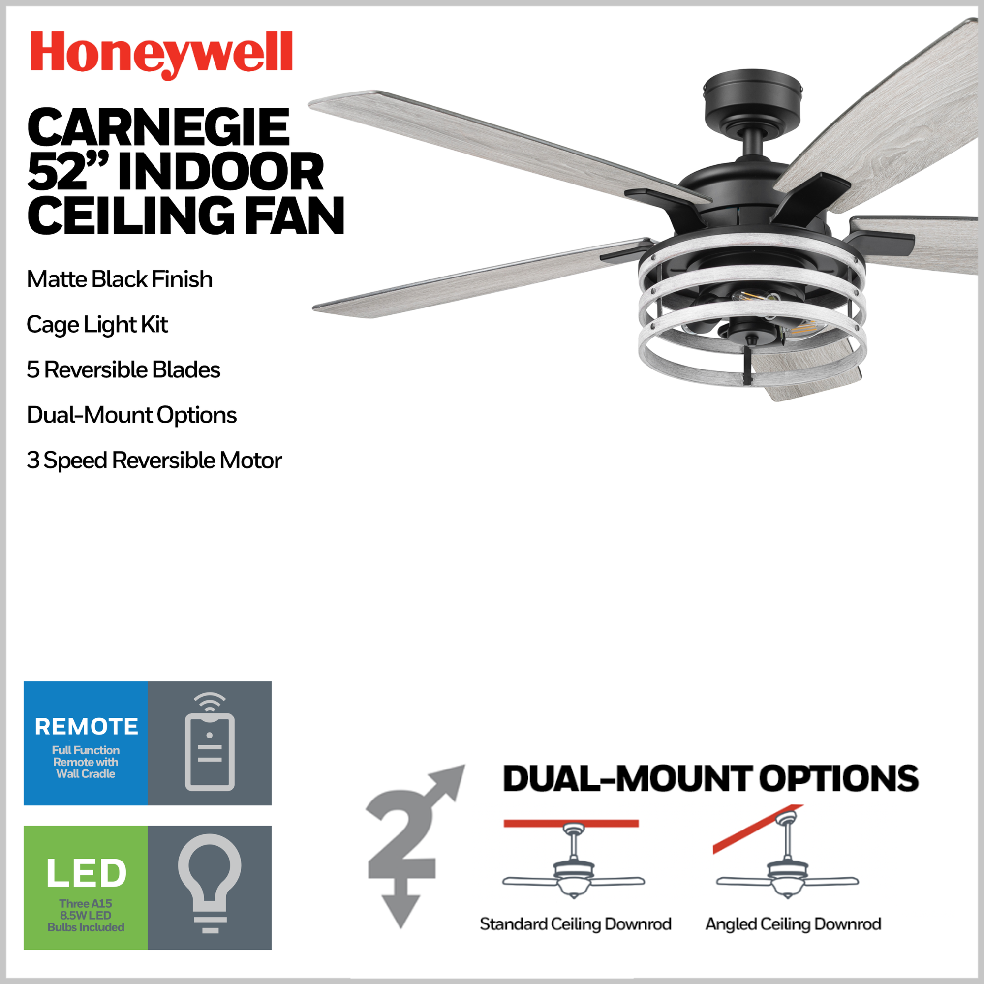 52 Inch Honeywell Carnegie Matte Black/Gray Ceiling Fan with Light Kit and Remote Control - Perfect for Living Room, Bedroom, and Outdoor Covered Patio