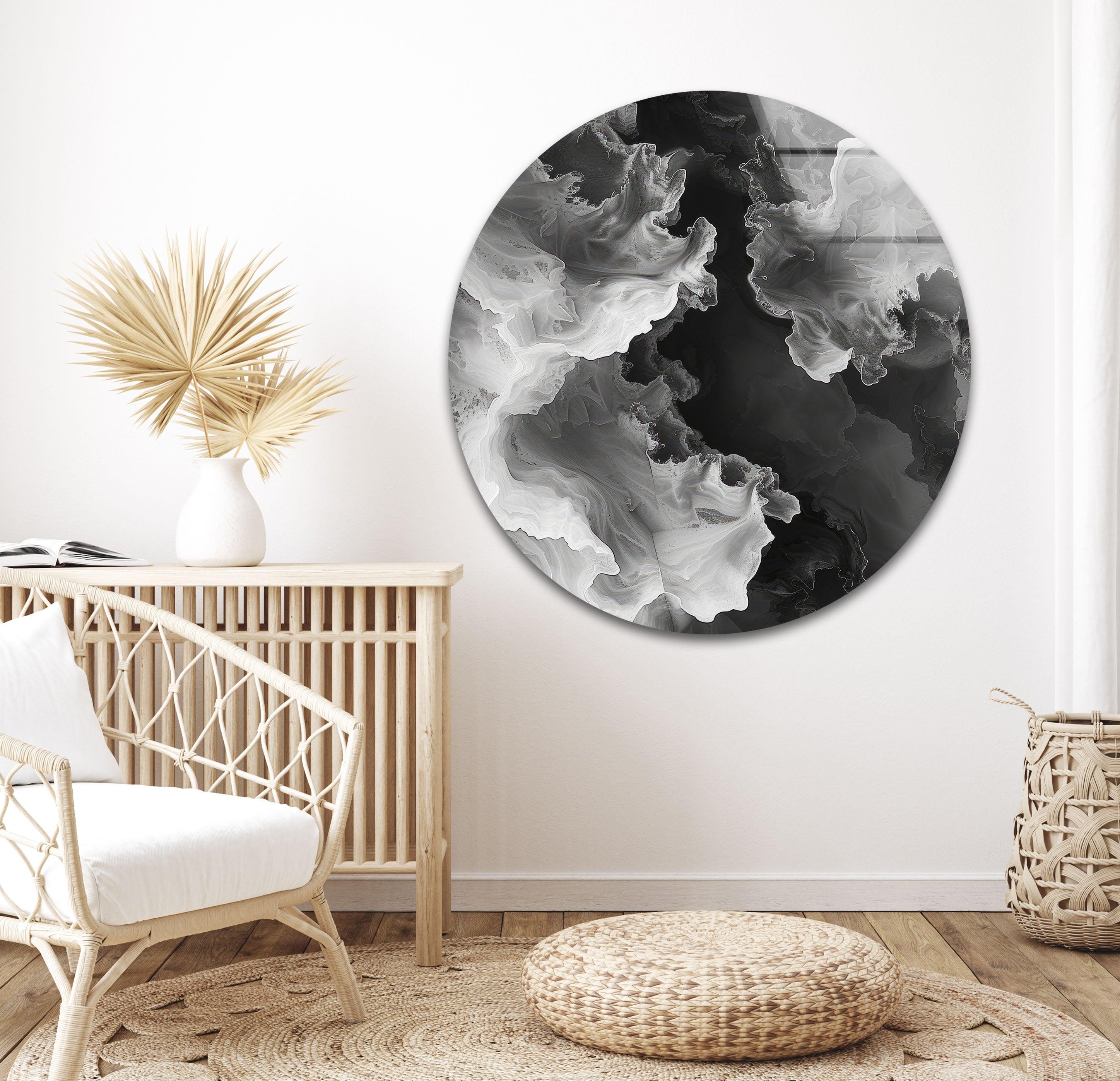 Modern Black & White Abstract Wave Glass Wall Art - Handmade Contemporary Home Decor for Living Room, Bedroom & Office