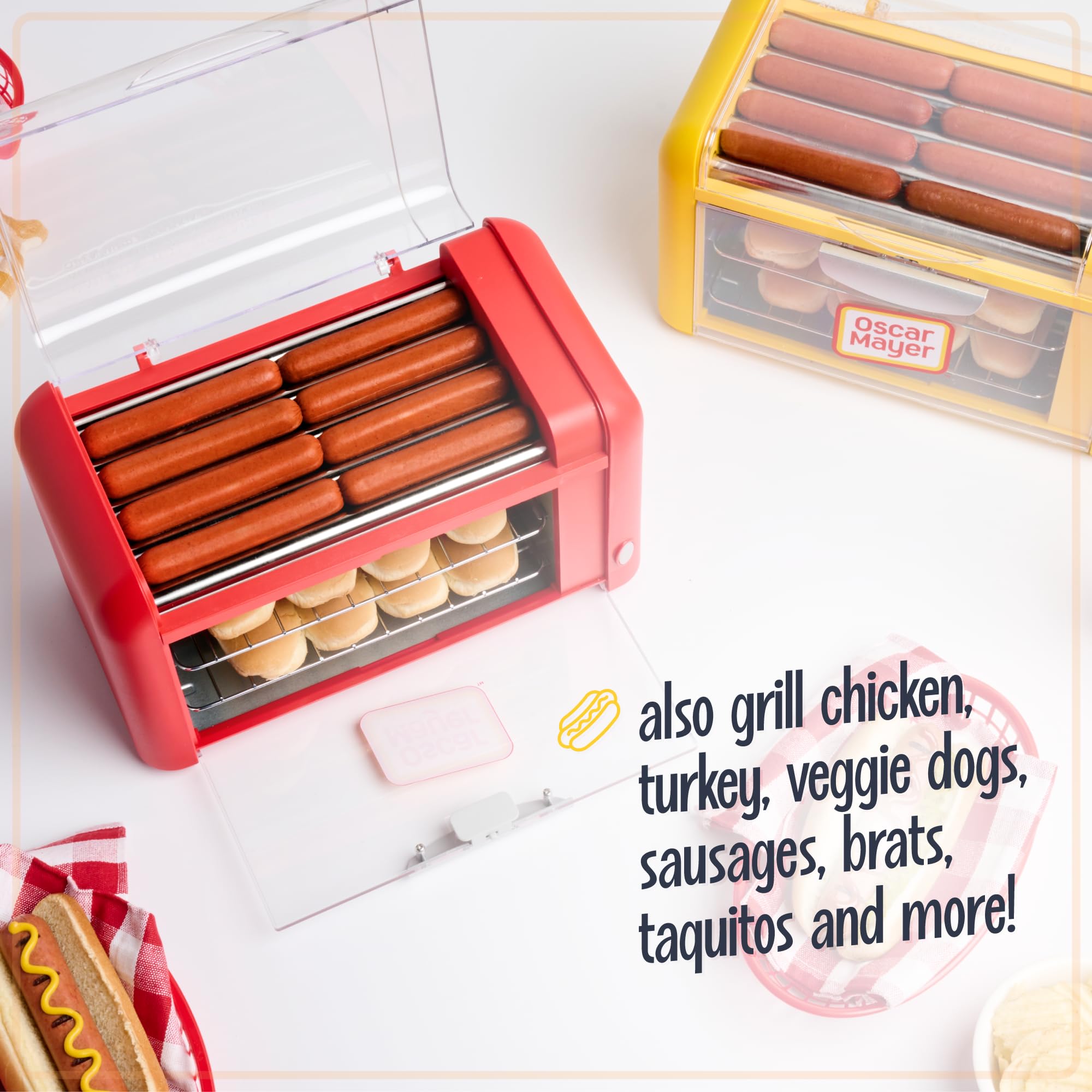 **Nostalgia Oscar Mayer Extra Large 8 Hot Dog Roller & Bun Toaster Oven - Stainless Steel Rollers, Non-Stick Warming Racks - Adjustable Timer - Perfect for Parties, Carnivals & Home Use**