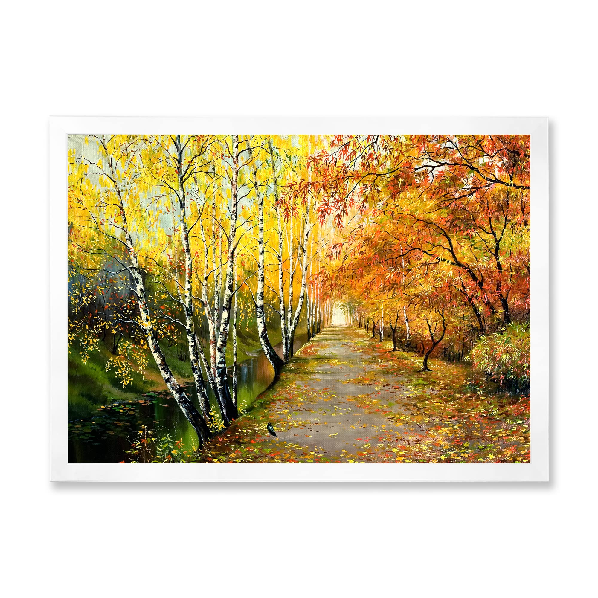 DesignQ Autumn Woods River Traditional Framed Wall Art - Nature Landscape Painting for Living Room, Bedroom & Office Decor