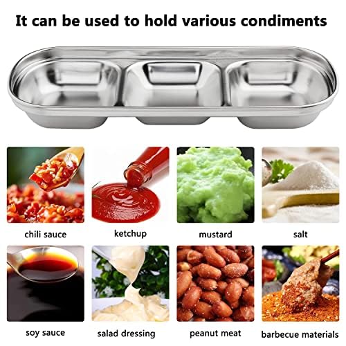 3-Piece Stainless Steel Divided Sauce Bowls - 3 Grid Dipping Dishes for Soy Sauce, Ketchup, Seasoning & Sushi | Perfect for Restaurants, Sushi Bars, Home Kitchens & Party Platters