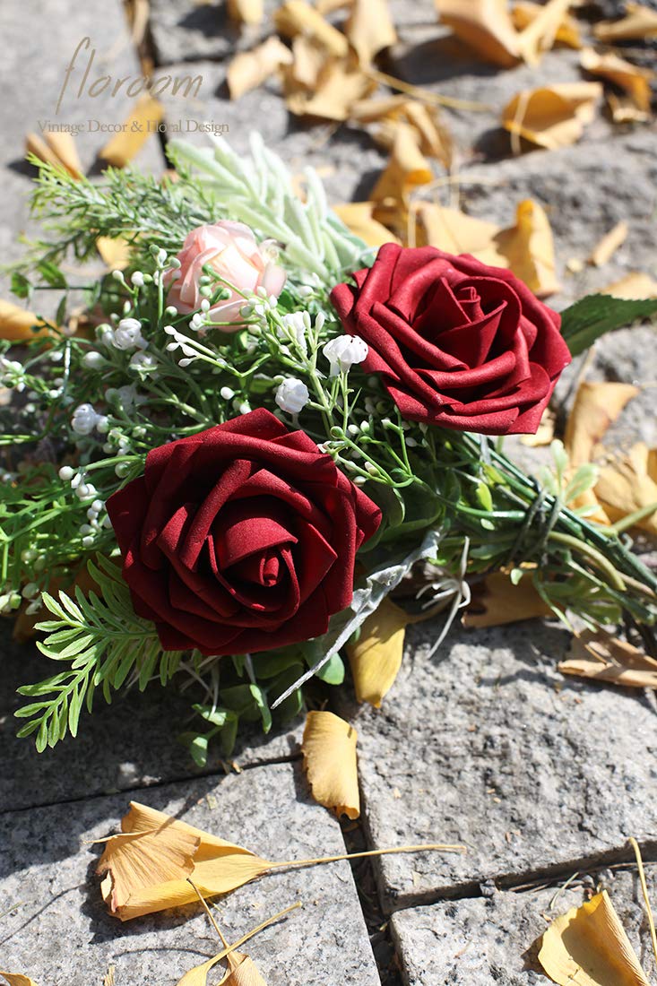 Floroom 25pcs Realistic Burgundy Foam Roses - Wedding Bouquets & Party Decor