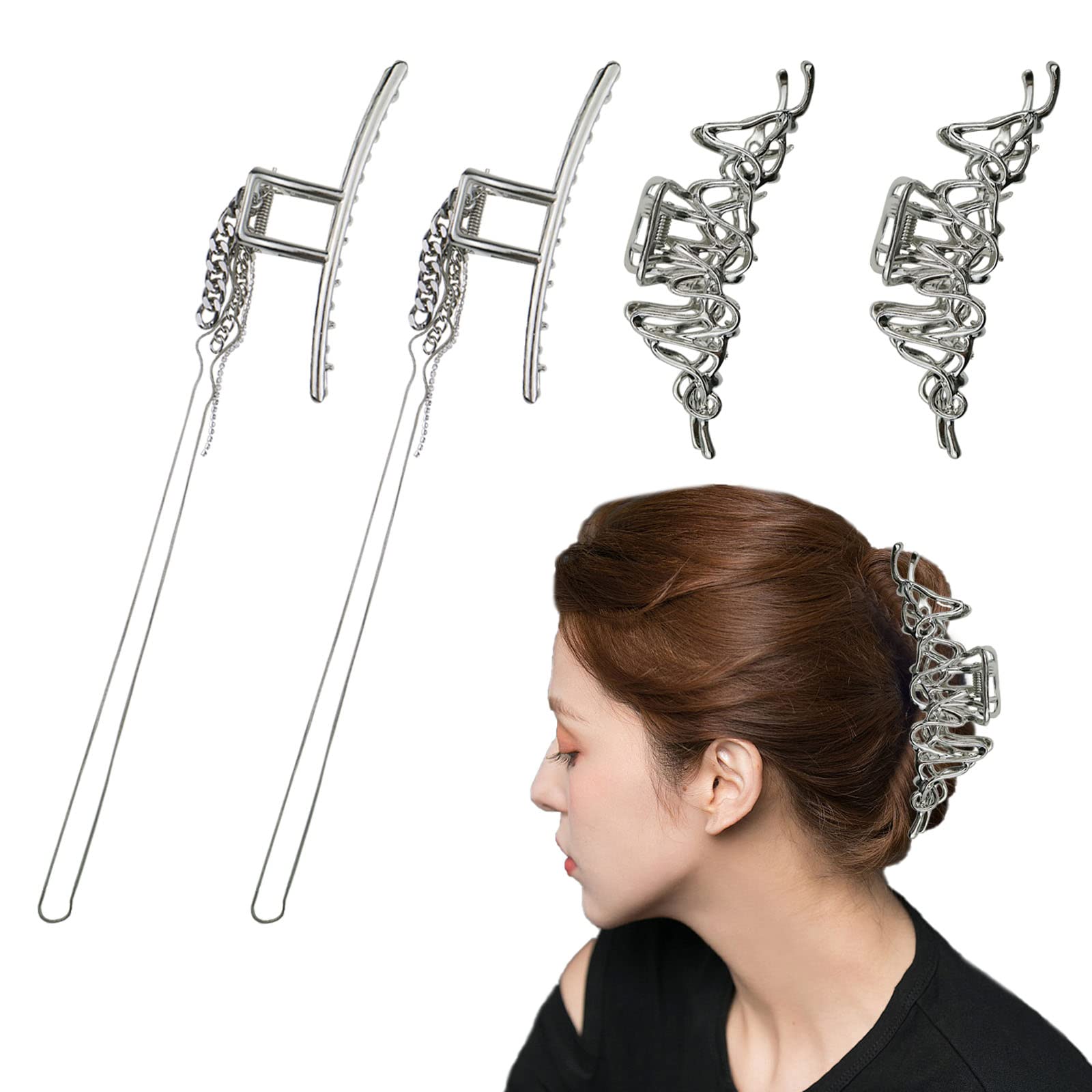 4 Pcs Silver Metal Hair Clips - Butterfly Claw Clips for Women & Girls, Strong Hold for Thin or Thick Hair - Perfect for Updos, Ponytails & Everyday Styling