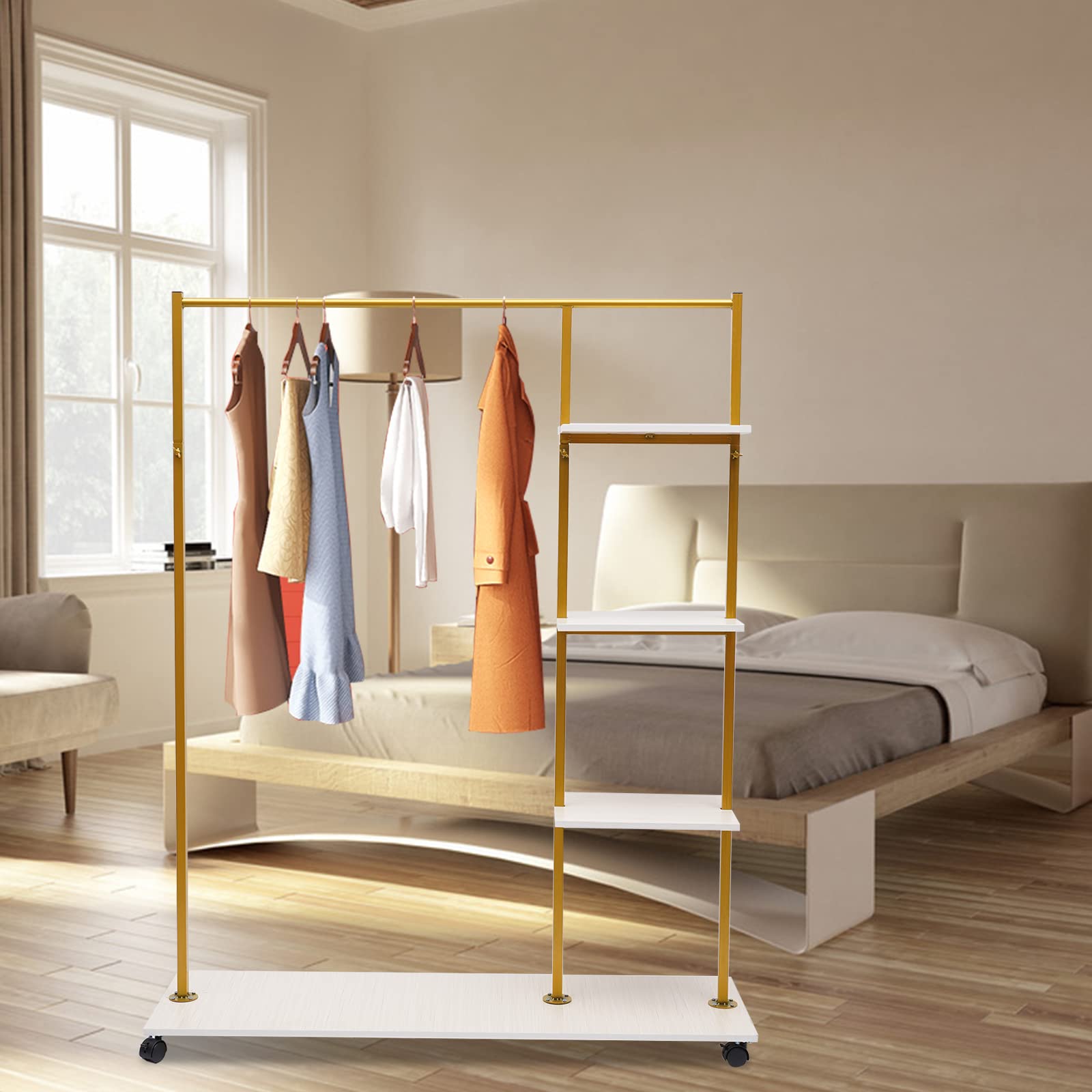 Gold Iron Garment Rack with Universal Wheels & Shelves - Heavy Duty Square Wedding Dress Display Stand for Bridal Shop, Home Storage & Clothing Store | Perfect for Wedding Dress Organization, Retail Display & Home Closet Storage
