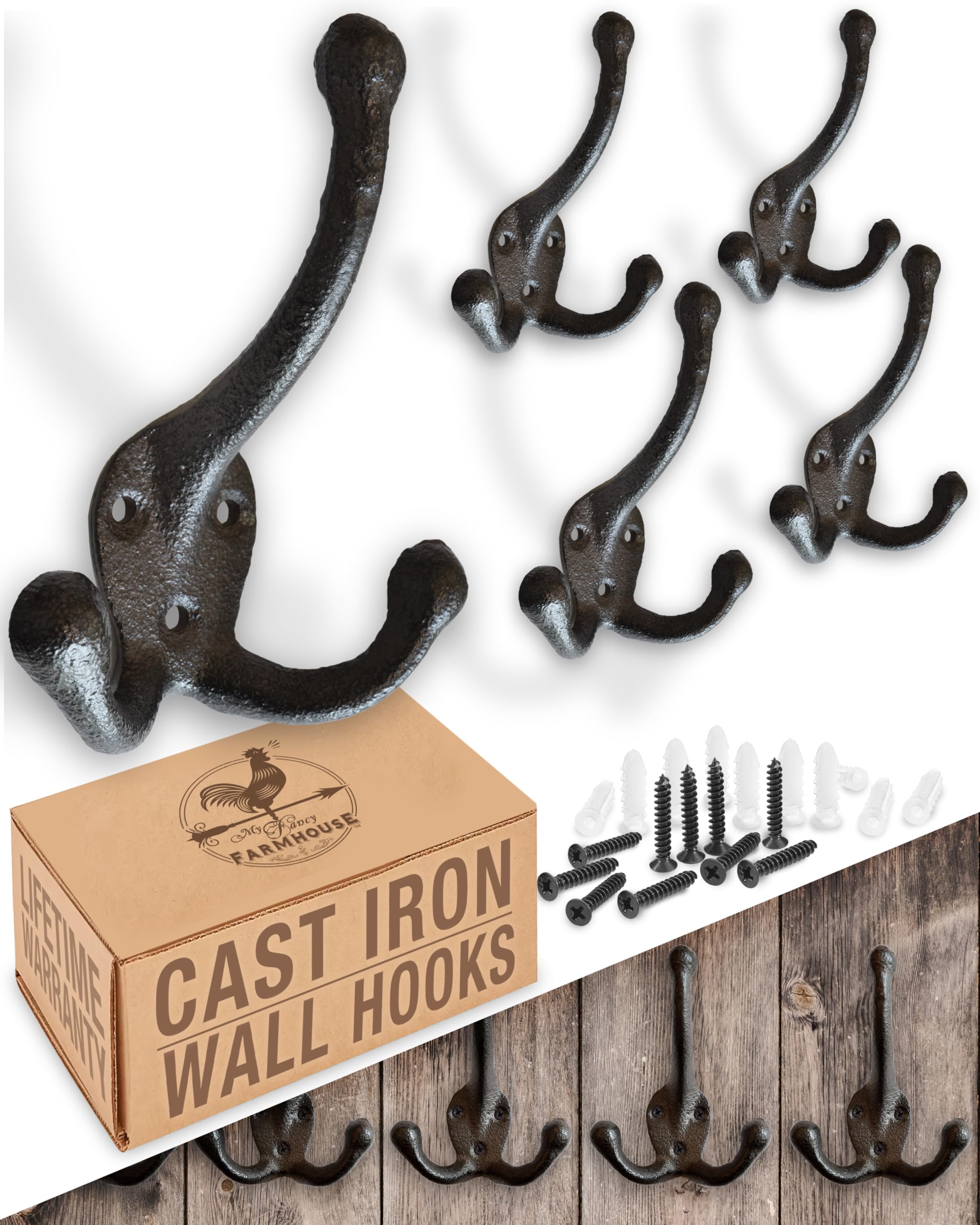 Rustic Cast Iron Coat Hooks (5 Pack) - Vintage Farmhouse Wall Mounted Triple Hooks for Coats, Bags, Hats & Towels - Heavy Duty Decorative Wall Hangers - Black Large Size - Perfect for Entryway, Mudroom & Bathroom Organization
