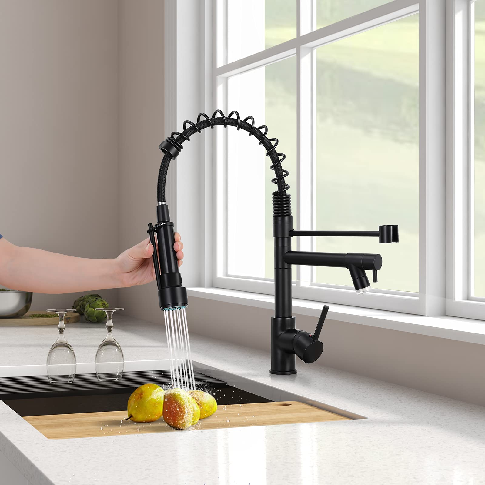 Qomolangma Matte Black Commercial Kitchen Sink Faucet with Pull Down Sprayer and LED Light - Modern Single Handle Design for Restaurants, Home Kitchens & Food Prep Stations