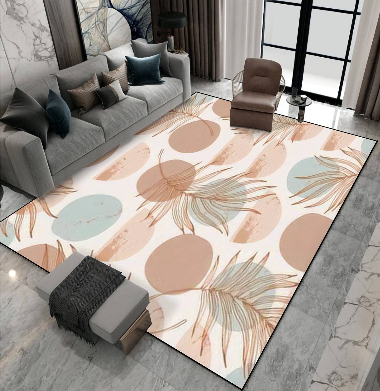 Non-Slip Area Rug with Abstract Circles & Palm Leaves Design - Indoor/Outdoor Floor Mat for Living Room, Bedroom, Kids Room - Perfect as Home Decor, Yoga Mat, Patio Rug & Doormat - Durable & Stylish for Daily Use
