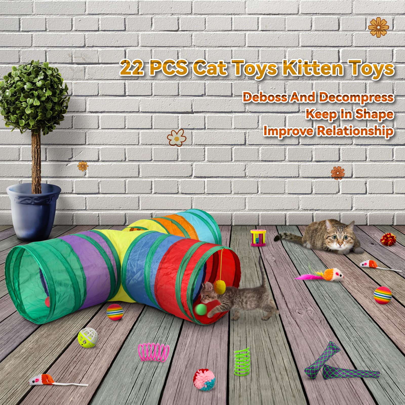 BWOGUE 22PCS Cat Toys Set - Interactive Kitten Toys with Collapsible 3-Way Tunnel, Feather Wands, Fluffy Mice & Crinkle Balls - Fun Indoor Play for Cats, Kittens & Small Pets (Great for Exercise & Bonding)