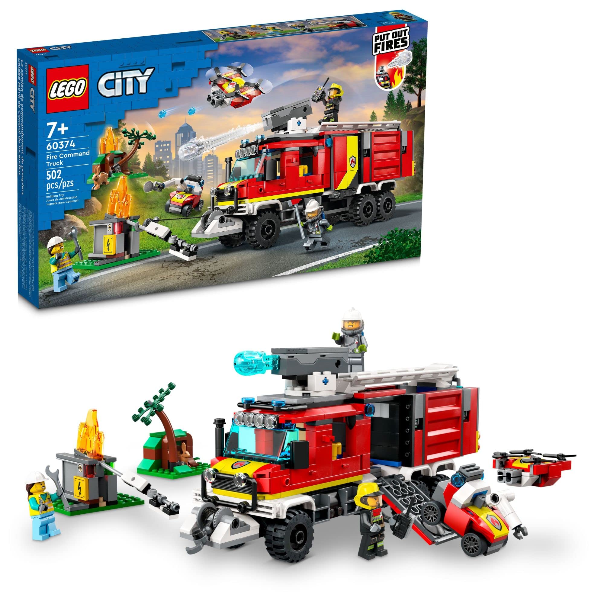 LEGO City Fire Command Truck Building Set with Land & Air Drones - 60374 Fire Truck Toy for Kids Ages 7+ | Pretend Play with 3 Minifigures | Perfect Birthday Gift for Boys & Girls | STEM Learning & Emergency Rescue Role Play