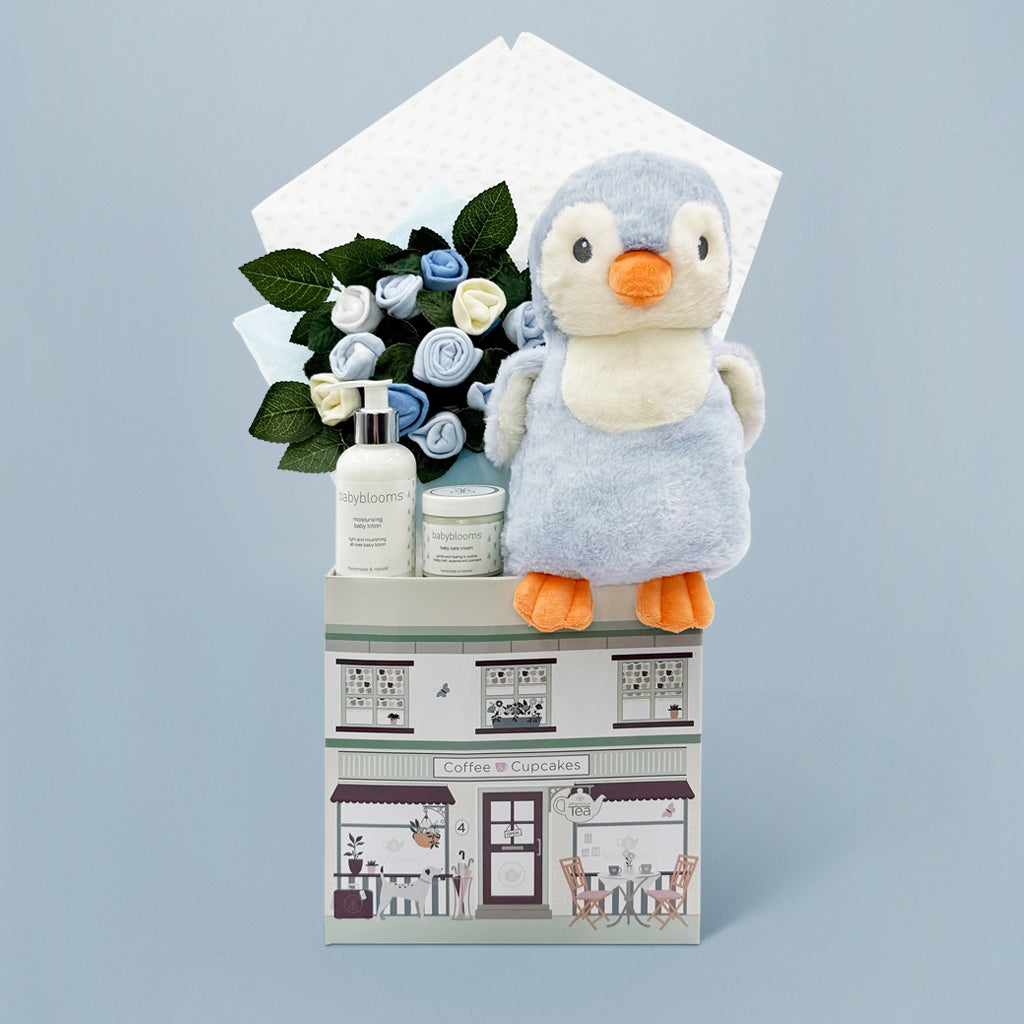Penny Penguin Welcome Baby Hamper Gift Set - Blue Newborn Essentials Basket for Baby Shower, Hospital Delivery, and Gender Reveal Parties