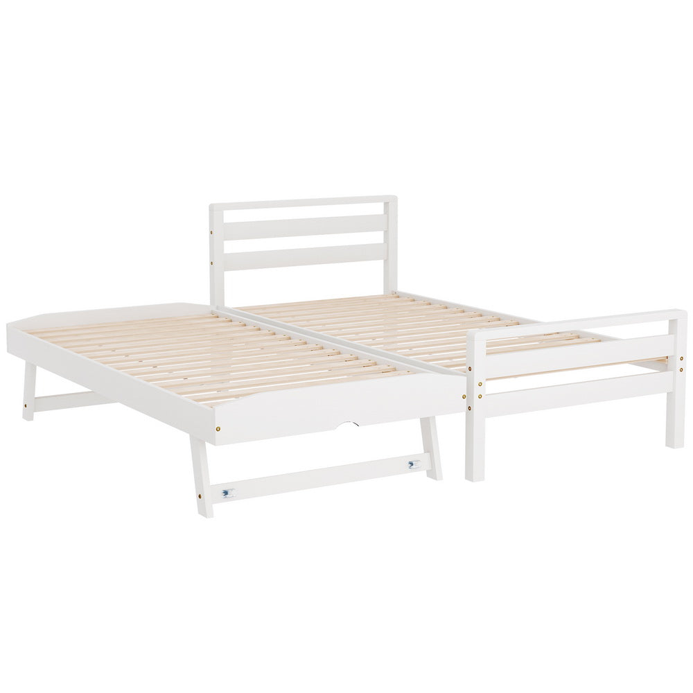 White Avis Wooden Trundle Single Bed Frame - Space-Saving Twin Size Guest Bed with Storage Drawer, Perfect for Kids Room, Guest Bedroom & Small Apartments