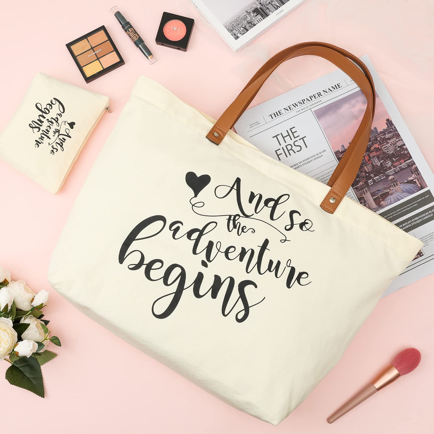 Bride Tote Bag with Makeup Bag - Perfect Wedding Gift for Bridal Showers, Bachelorette Parties & Honeymoon Travel - Large Canvas Shoulder Bag with Cosmetic Pouch for Bride-to-Be