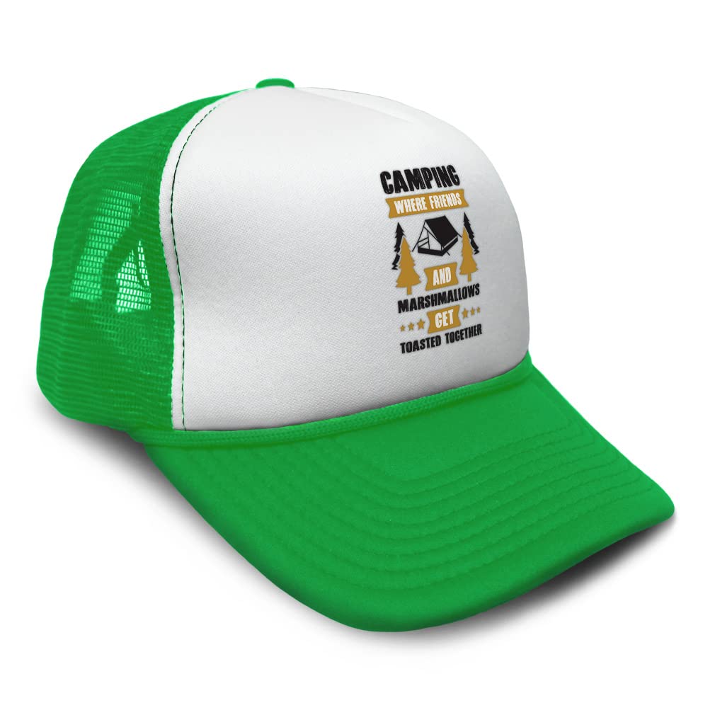 Speedy Pros Trucker Hat - Camping Friends & Marshmallows Design - Breathable Polyester Mesh Cap for Outdoor Adventures, Hiking, and Summer Activities
