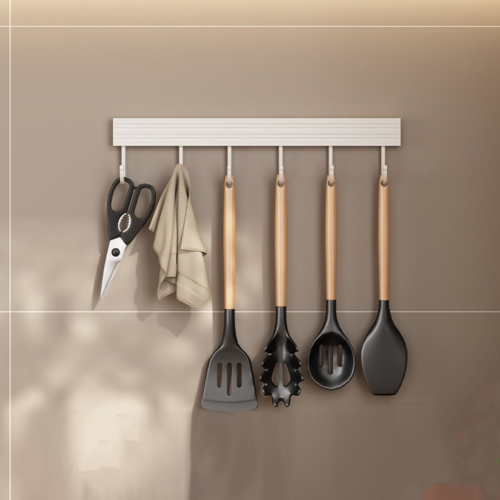 White Aluminum No-Drill Wall Mounted Kitchen Utensil Hanger - 30cm Space-Saving Spoon & Shovel Storage Hook Rack for Kitchen & Bathroom Organization | Perfect for Small Spaces & Clutter-Free Countertops