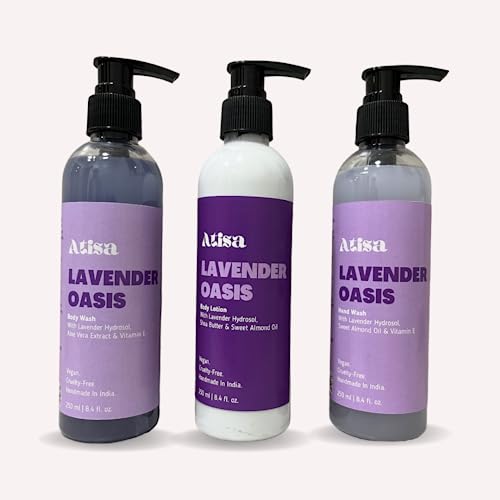Atisa Lavender Oasis Body Wash, Body Lotion & Hand Wash Gift Set (3-Piece) - Relaxing Aromatherapy for Bath, Shower & Skincare Routine
