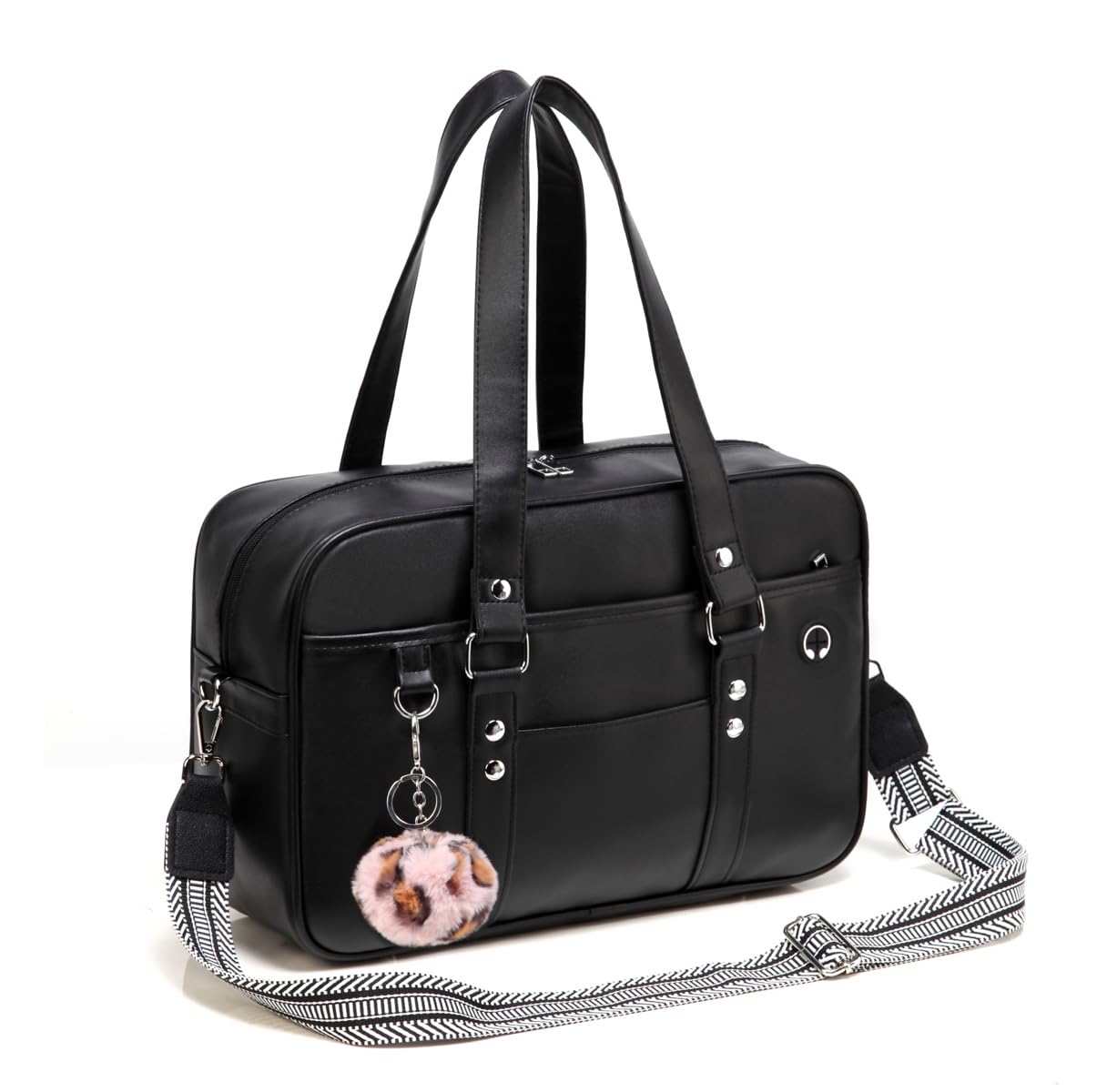 Japanese Style Large School Shoulder Bag - Faux Leather Tote & Crossbody Messenger Bag with Pink Pompom Strap - Perfect for School, Work, Travel & Daily Use