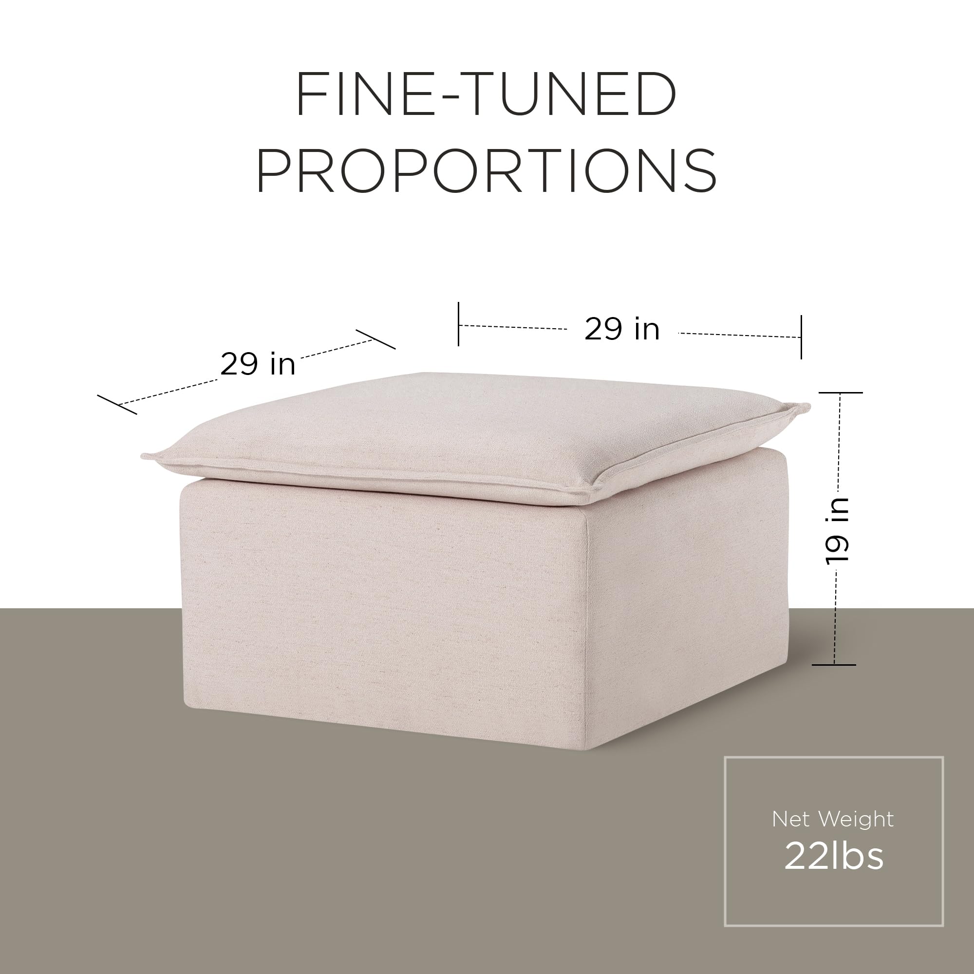 Premium Maven Lane Claude Large Square Rustic Upholstered Ottoman - Cream Fabric Footrest for Living Room, Bedroom & Dorm | Versatile Seating & Storage Solution for Sofa, Chair or Coffee Table Decor