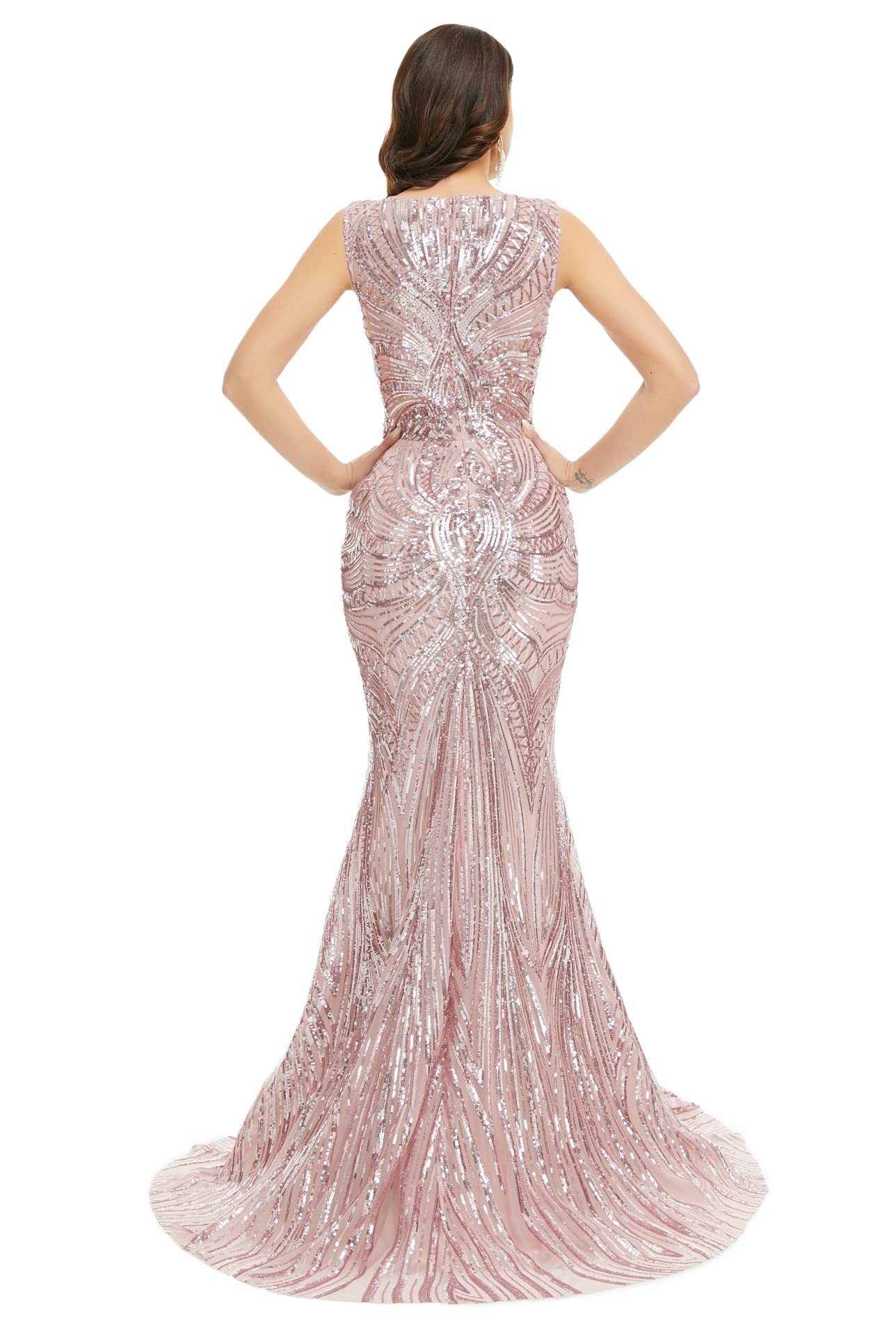 Engerla Women's Pink Sequin Mermaid Evening Dress - Sleeveless High Slit Prom Gown for Party, Wedding, Cocktail & Formal Events