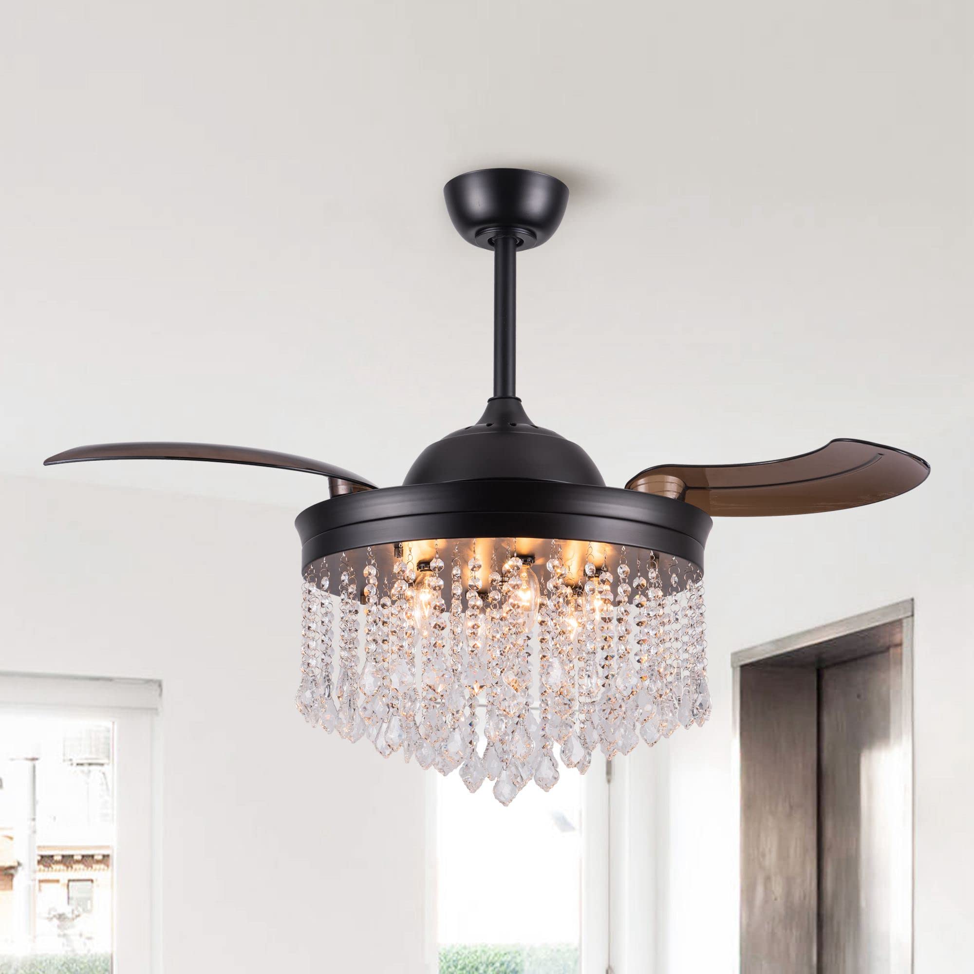 42 Inch Black Crystal Ceiling Fan with Lights & Remote Control - 3 Retractable Blades, Modern Chandelier Fan for Living Room, Bedroom & Dining Room