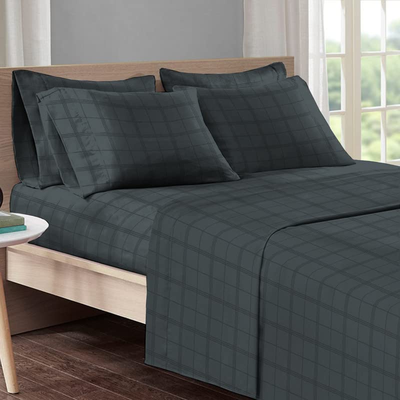 Premium 300 Thread Count Twin Cotton Sheets Set - 100% Long Staple Cotton Sateen Weave, Anthracite Grey Striped Design, 15