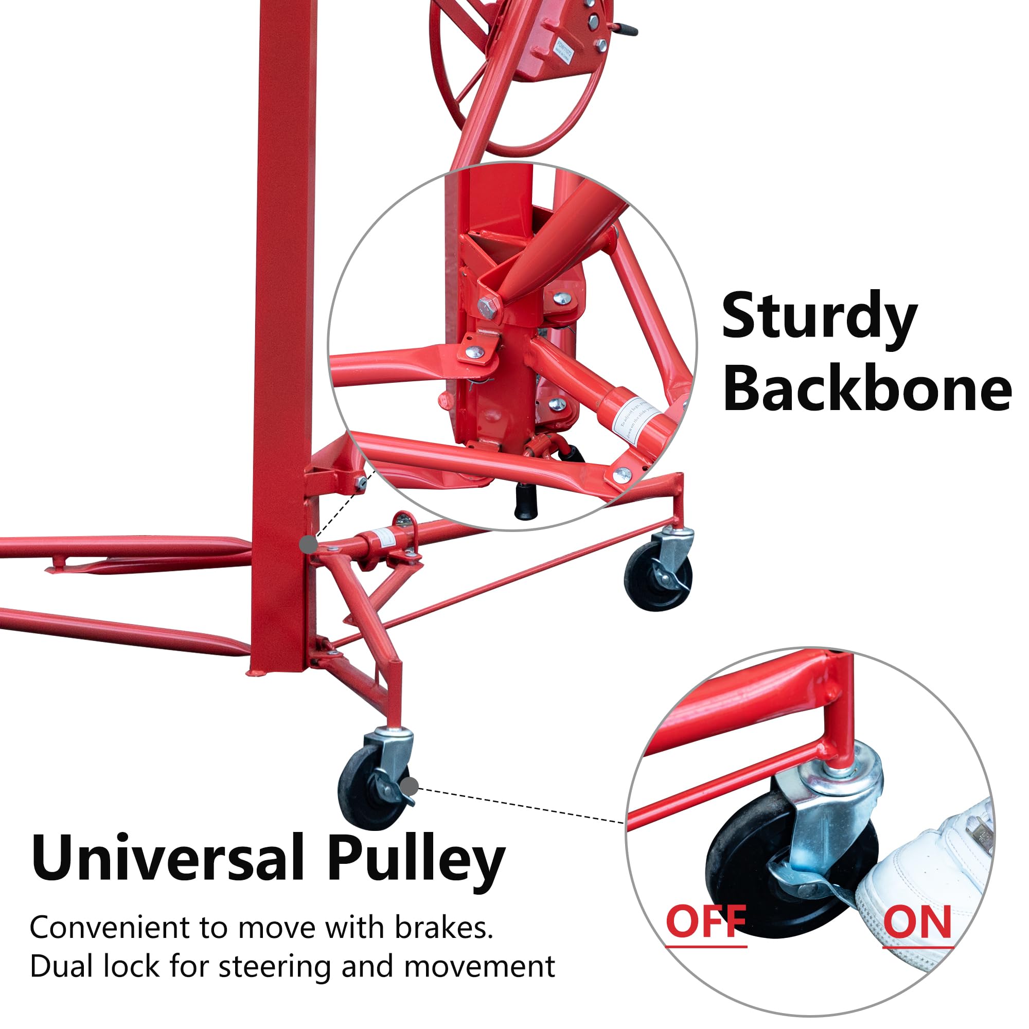 11Ft Drywall Lift with Lockable Rolling Caster Wheels | Heavy Duty Panel Hoist for Easy Drywall Installation | Construction Tool Jack Lifter for Ceiling & Wall Projects (Red)