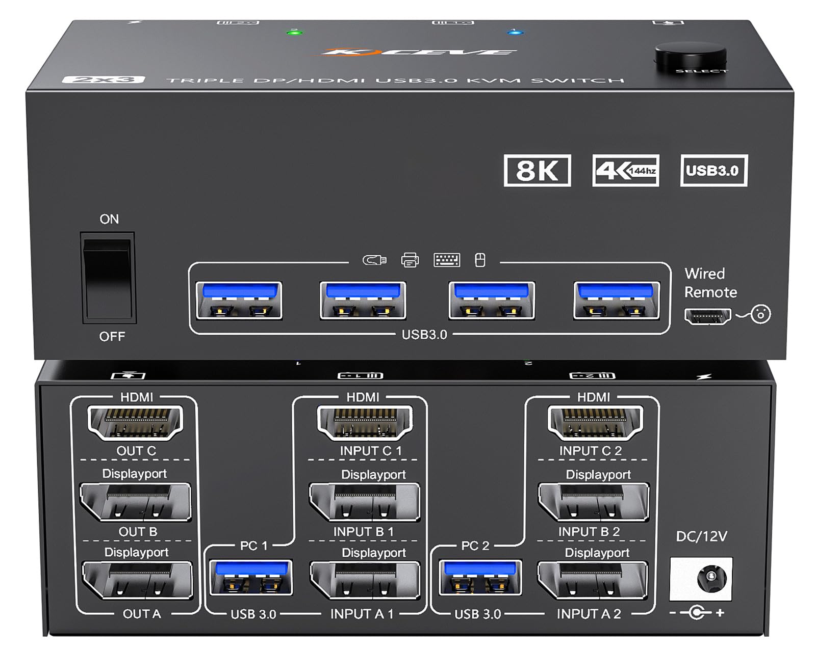8K@60Hz 4K@144Hz Triple Monitor KVM Switch for 2 Computers - 3 HDMI+2 DisplayPort KVM with 4 USB 3.0 Ports, Wired Remote & 5 Cables Included - Perfect for Multi-Screen Gaming, Office Work & Trading Stations