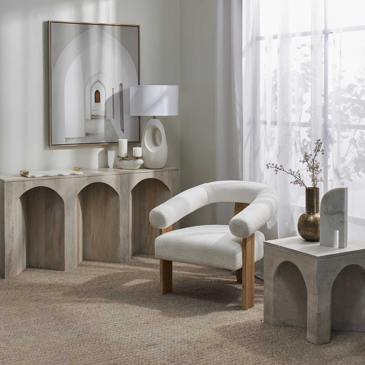 Boucle Curved Armchair - Modern Upholstered Accent Chair for Living Room, Bedroom & Office - Comfortable Lounge Seating with Soft Fabric and Elegant Design