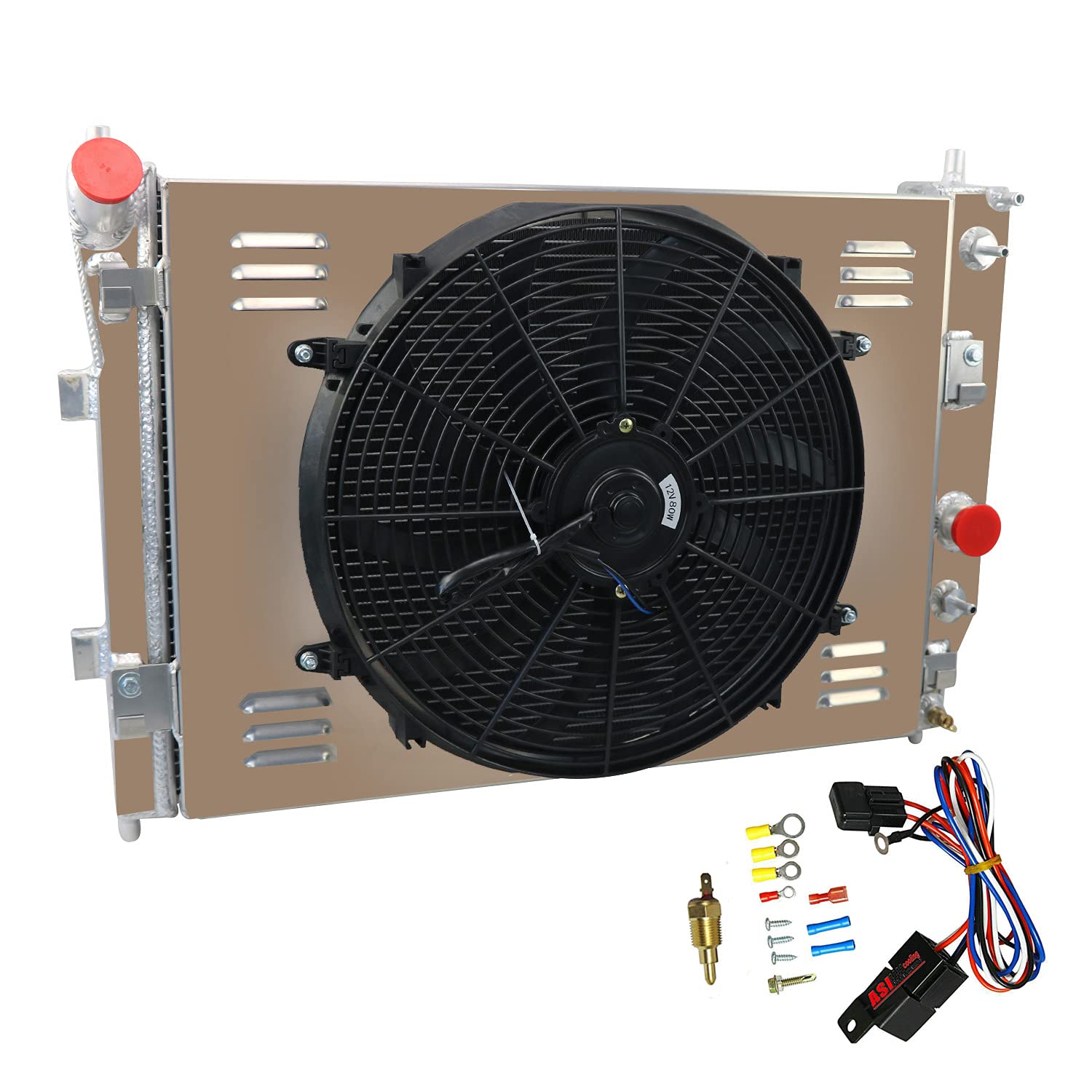 ECMRAD 3-Row Aluminum Radiator with Shroud Fan Relay for 2005-2013 Chevy Corvette C6 V8 (5.3L 6.0L 6.2L 7.0L) - High Performance Cooling Upgrade for Street Racing & Hot Weather Driving