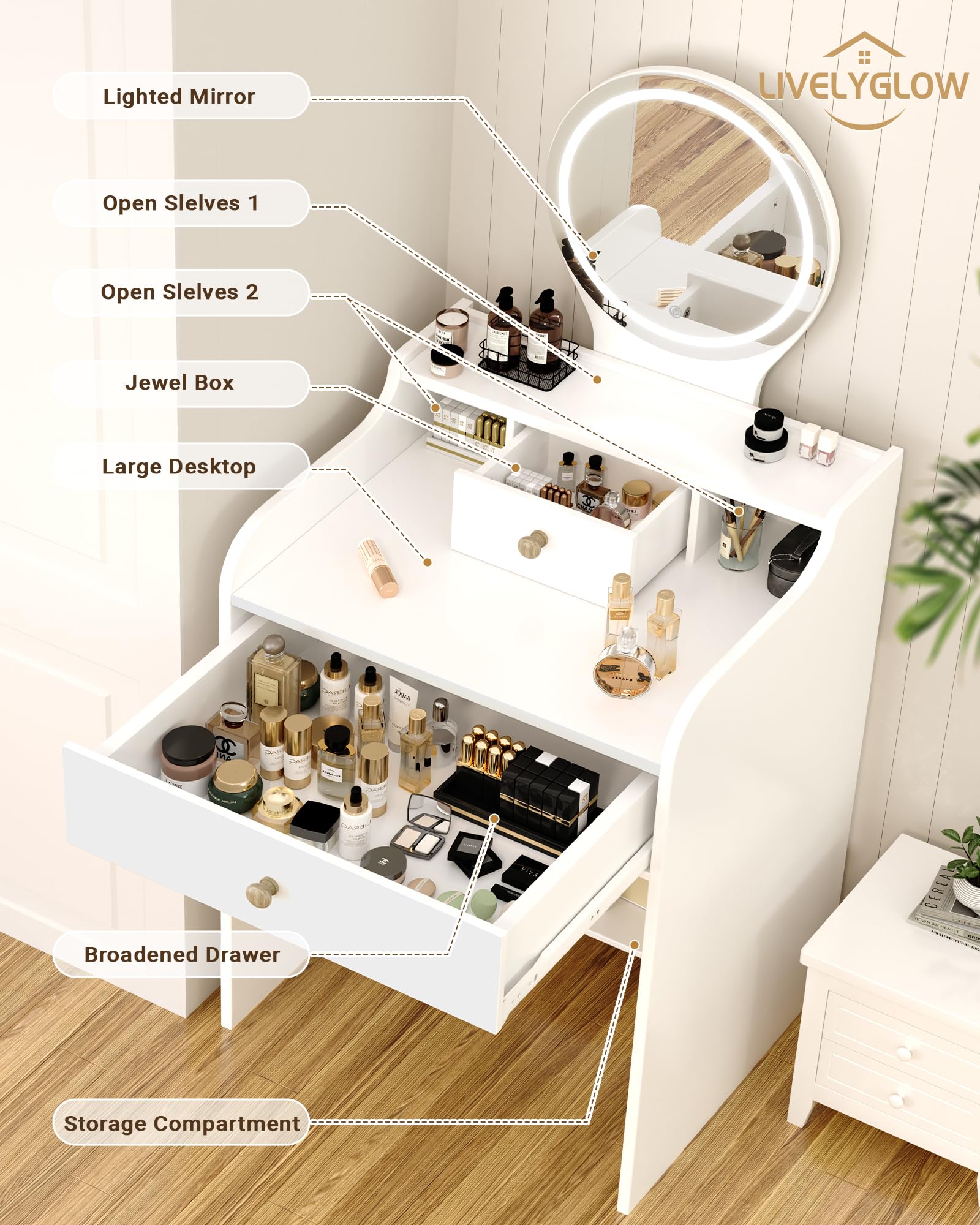 Elegant White Vanity Desk Set with Round Mirror & Built-in Light - Compact Dressing Table with Drawer for Makeup & Skincare - Perfect for Bedroom, Bathroom, or Dorm Room Decor